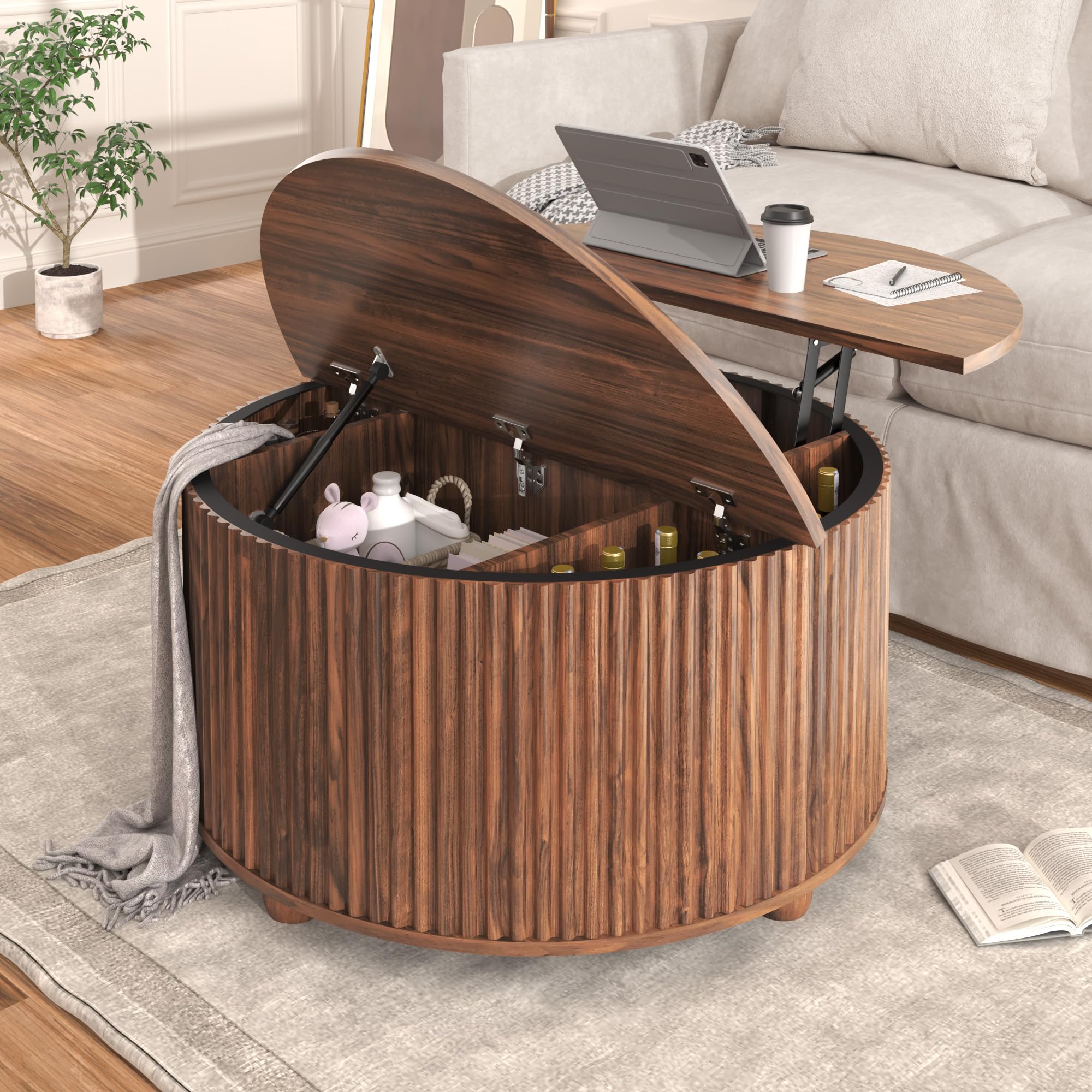 35 Round Lift Top Coffee Table Mid Century Modern Walnut Center Table with Hidden Storage Fluted Drum Wood