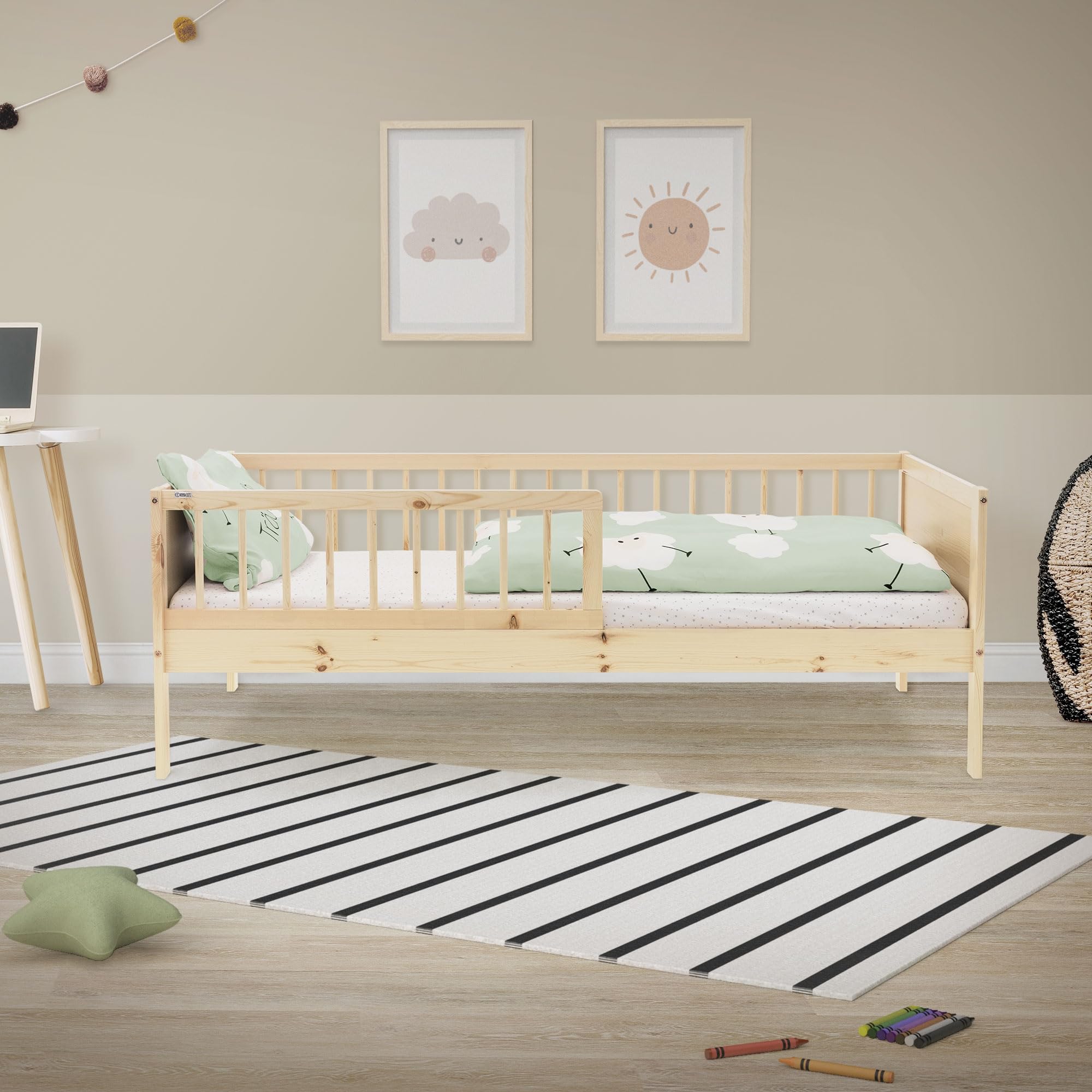 ML-Design Lózko dzieciece 80x160 cm naturalne pojedyncze z rama listewkowa i barierka ochronna wykonane z drewna sosnowego drewniane dla chlopców i dziewczynek z litego drewna idealne dla malucha