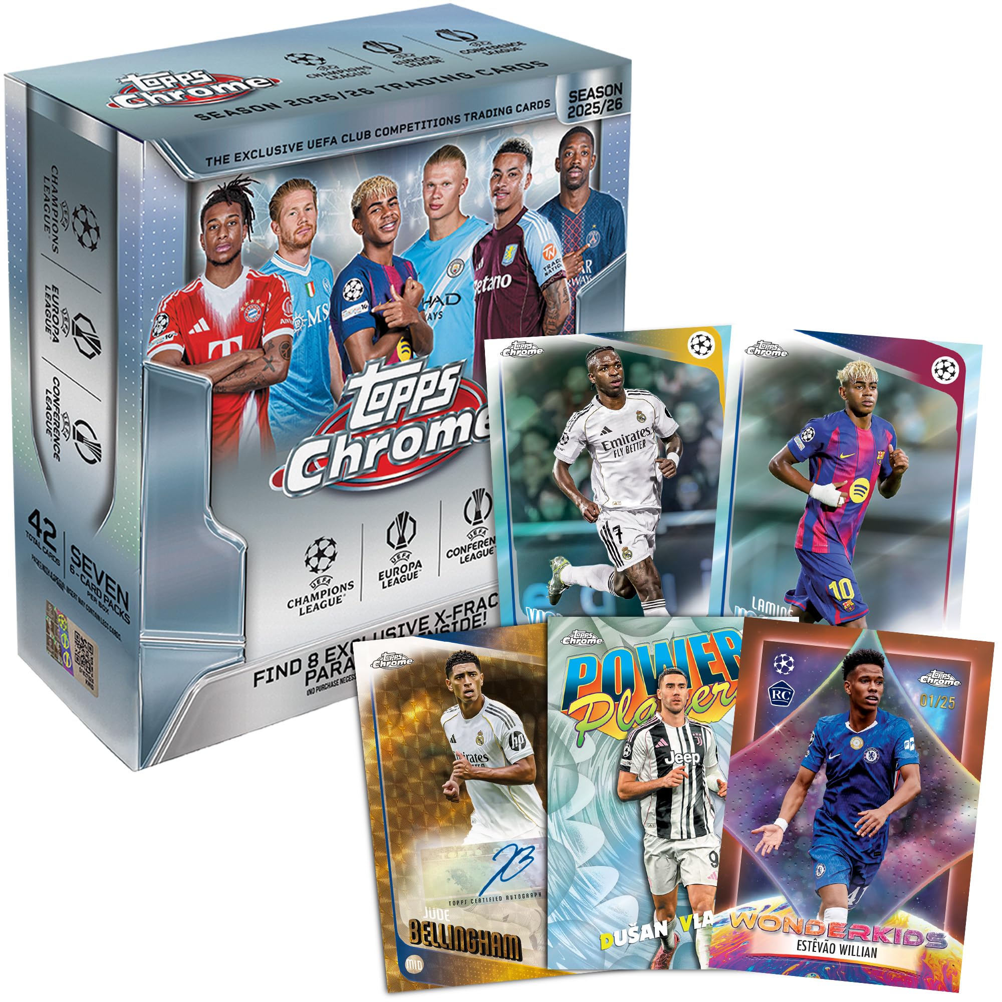 2025-26 Topps Chrome UEFA Club, competiciones de fútbol, sellado de fábrica, caja mega