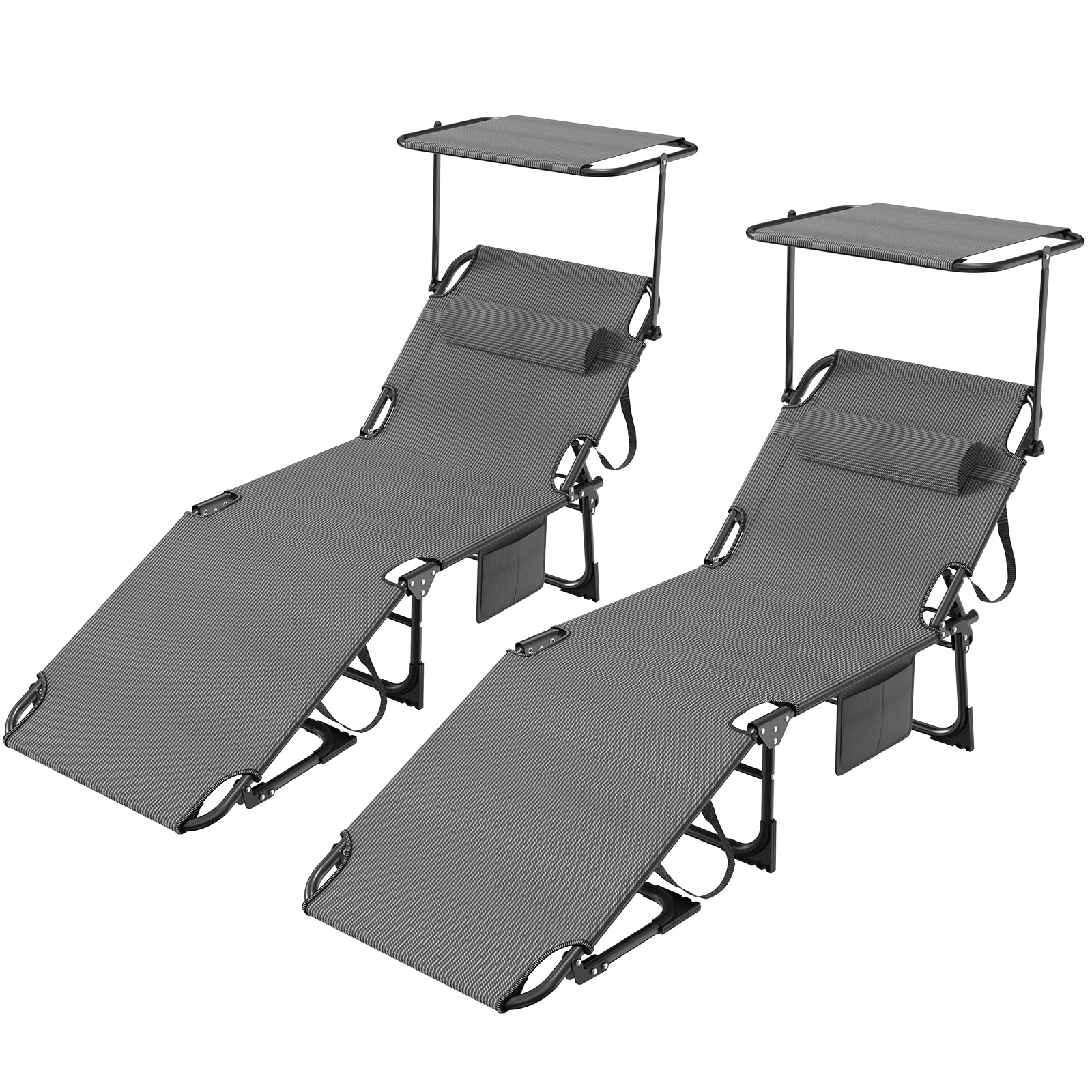 Lot de 2 Chaise Longue avec Pare-Soleil 360° Réglable, Bain de Soleil Pliable, Transat Extra Large 68 cm-Tissu Oxford 600D, Dossier Inclinable et Appuie-Tête, Poche Latérale, pour Jardin-Plage, Noir