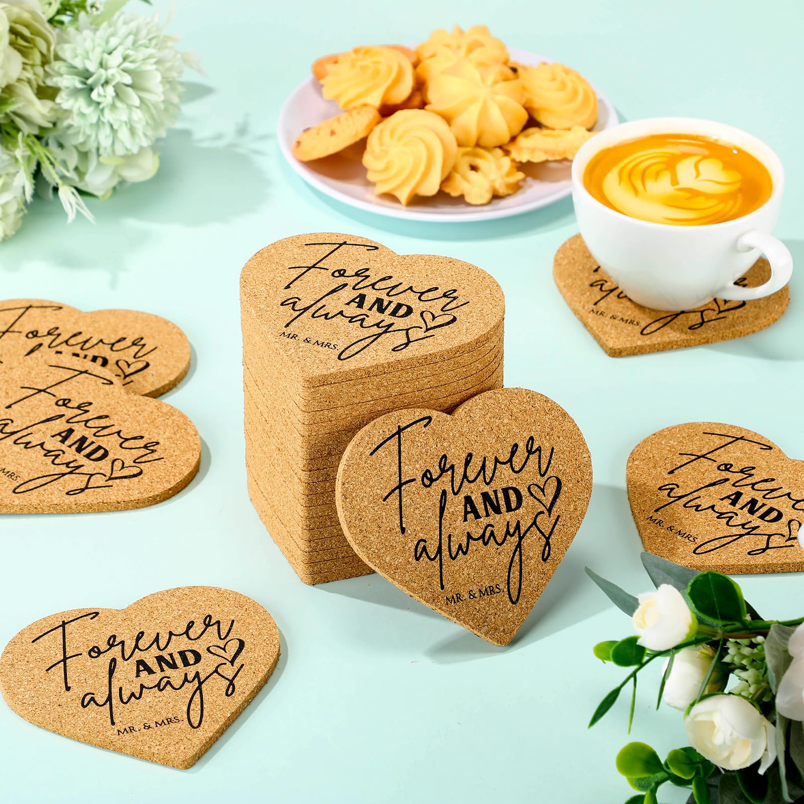 Uiifan Juego de 50 posavasos de corcho con forma de corazón para invitados, regalos de boda, tarjetas de agradecimiento a granel y bolsas de organza, regalos de despedida de soltera, recuerdos de