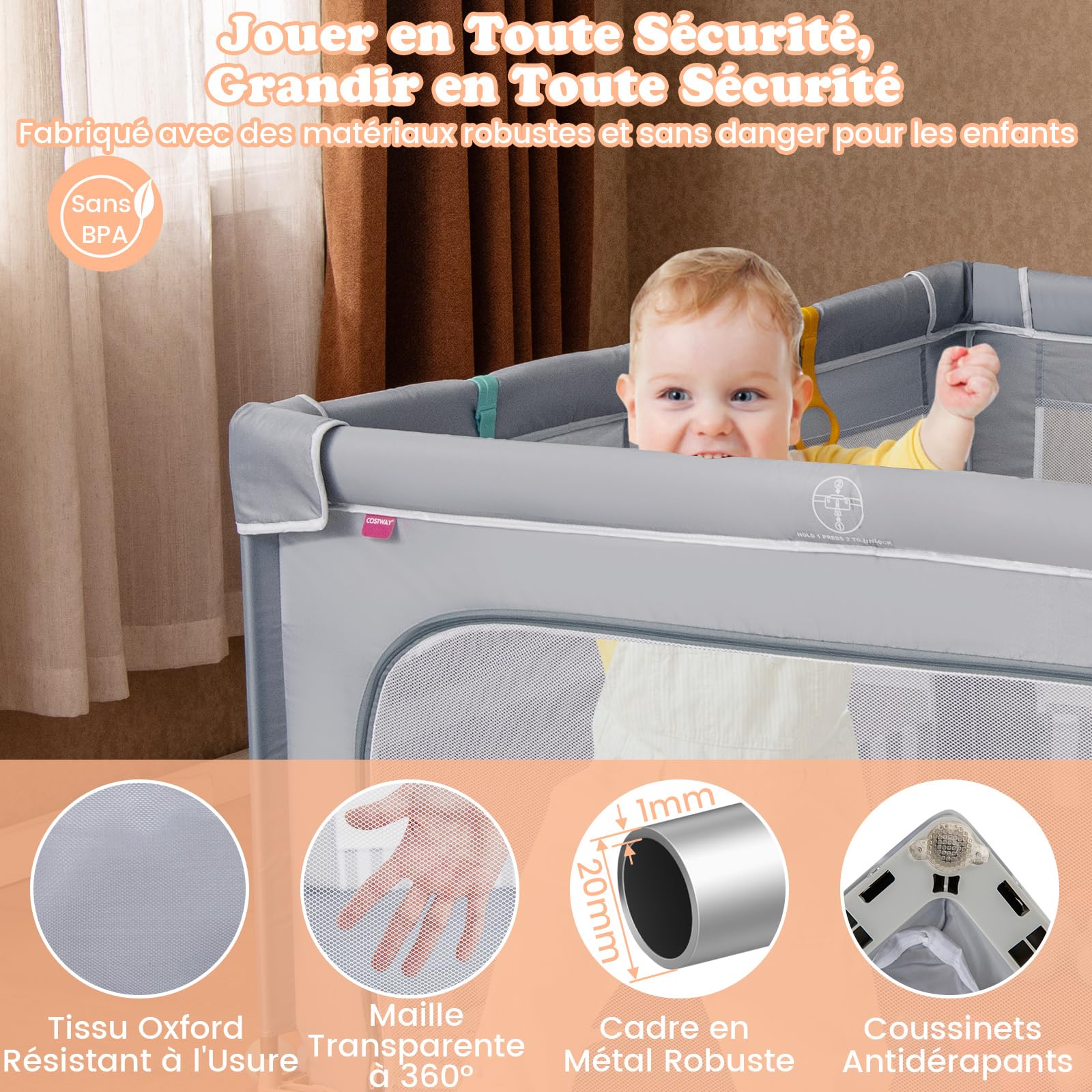 COSTWAY Parc Bebe Pliable avec 50 Balles Océaniques, 150 x 150 x 76,5 cm, Parc Enfant sans BPA pour Tout-petits, Filet Respirant, Portail Zippé, 4 Anneaux de Traction, Clôture Large en Oxford (Gris)