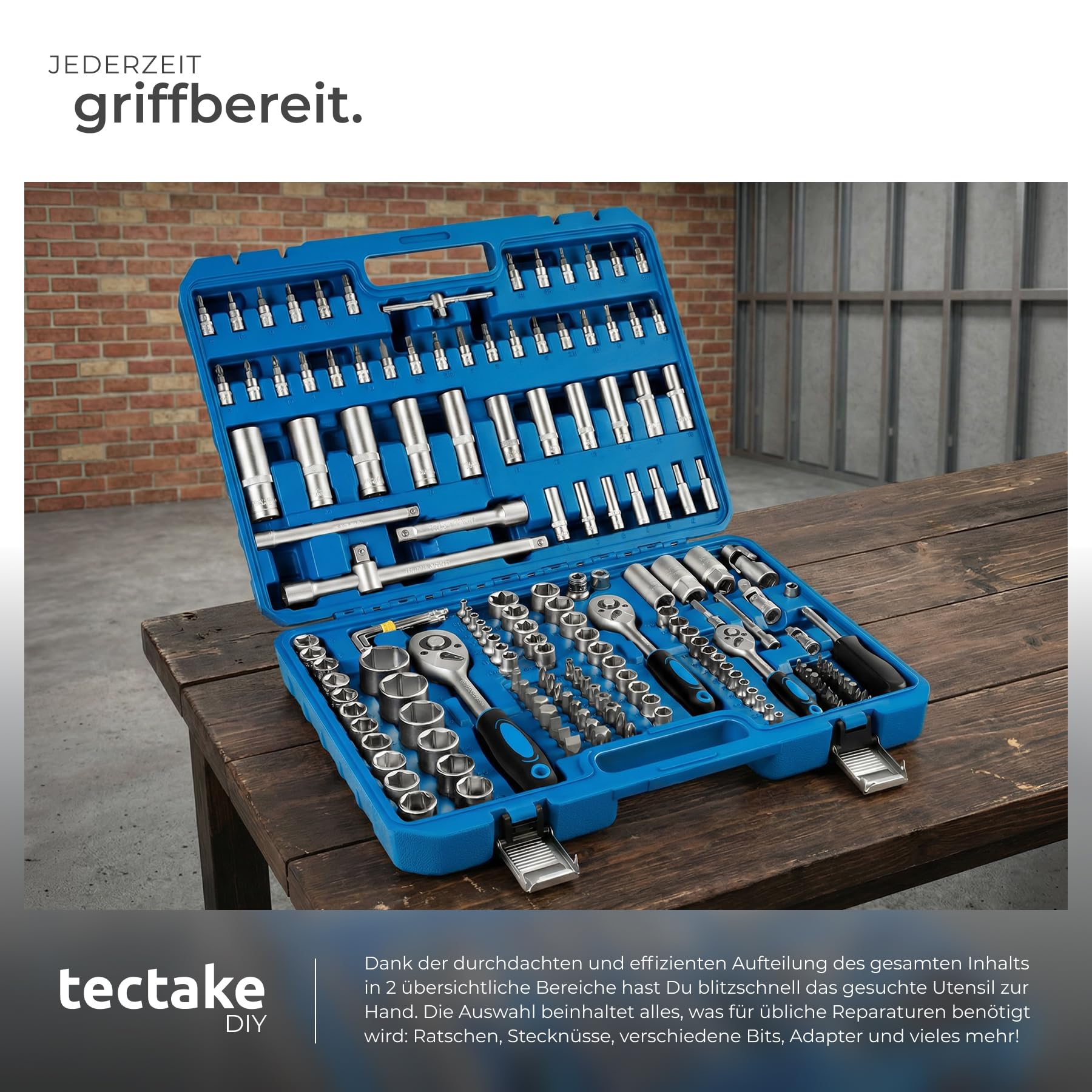 tectake® 171 tlg. Knarrenkasten 1/4, 3/8 und 1/2 Zoll Nusskasten, Ratschenkasten, Steckschlüssel Set, Werkzeugkoffer gefüllt, Ratschenschlüssel Set, Werkzeug Set aus Chrom Vanadium Stahl, Heimwerken