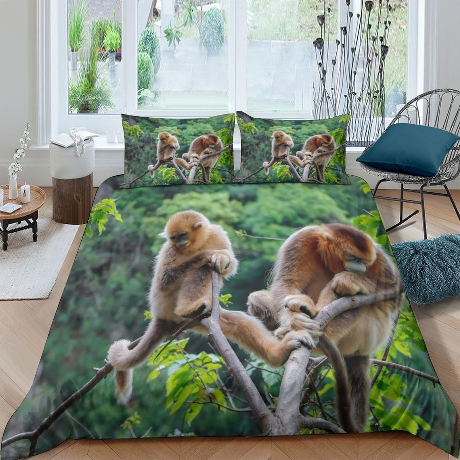 Ctjqhvkz Style-3 3D Printed Monkey Family Fitted Sheet Microfiber Jungle Tree Bed Cover Anti-Slip Washable For Bedroom Guestroom Dorm Decor Single（135X200cm）