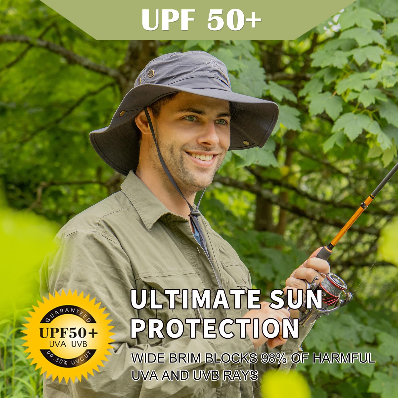 Comhats Chapeau de soleil UPF 50 à large bord en maille avec protection UV - Chapeau de safari pour la pêche, la marche, la randonnée, la mentonnière - Imperméable et respirant, 00702_Blanc, M/L