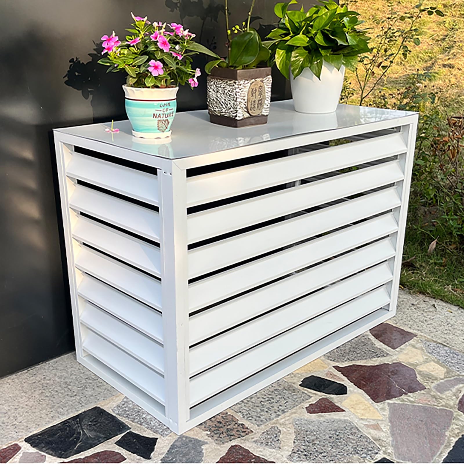 Outdoor Air Conditioner Cover For Outside Units, Aluminum All Weather Protective Cover, Outdoor Trash Can Enclosure Freestanding Privacy Screen Fence Panels AC Unit Cover Flower Stand ( Color : White