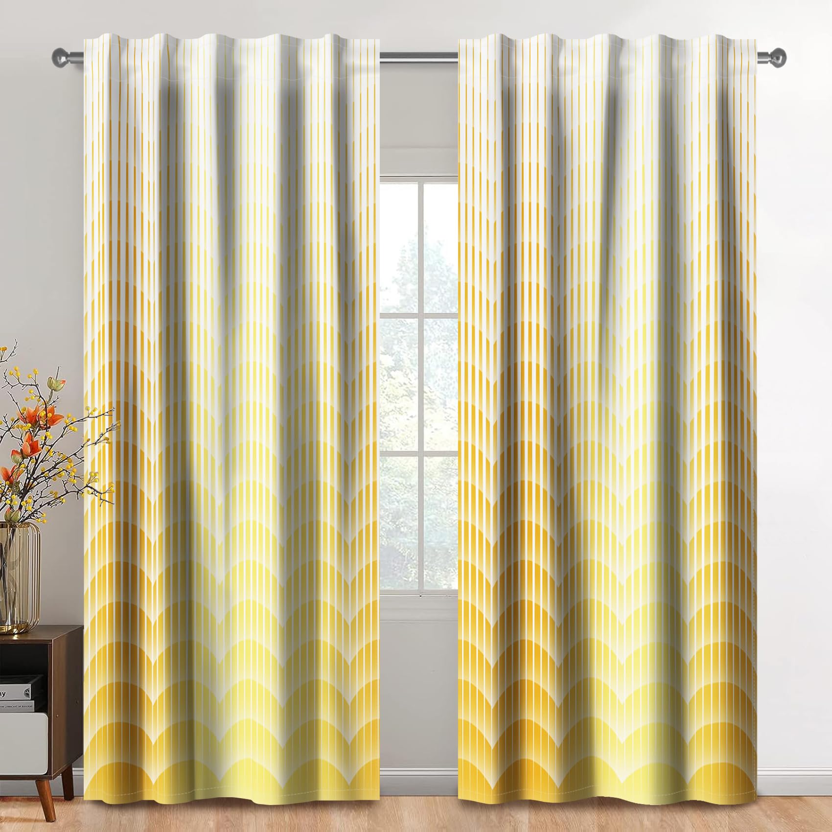 Kzzfqxb 117x229cm Rod Pocket Curtains 2 Panels Geometric Yellow Golden Wave Lines Leaves Veins Light Filtering Window Drapes Modern Bright Colors Decoration for Living Room Diningroom Bedroom