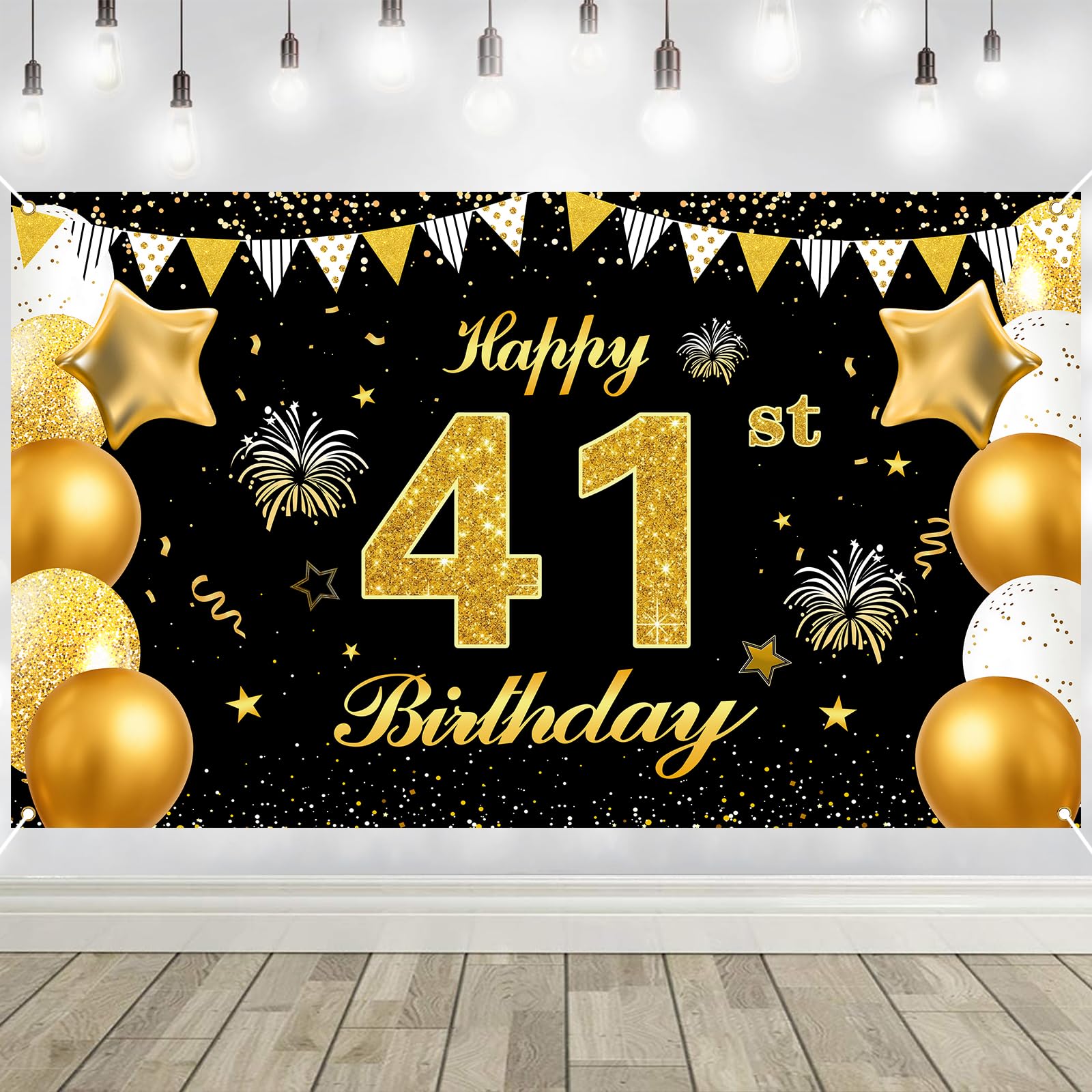 41st Birthday Decorations Banner Gold Black Happy Birthday Door Banner for Party Photo Backdrop for Men Women Home Outdoor Cover Party Decoration Supplies Poster
