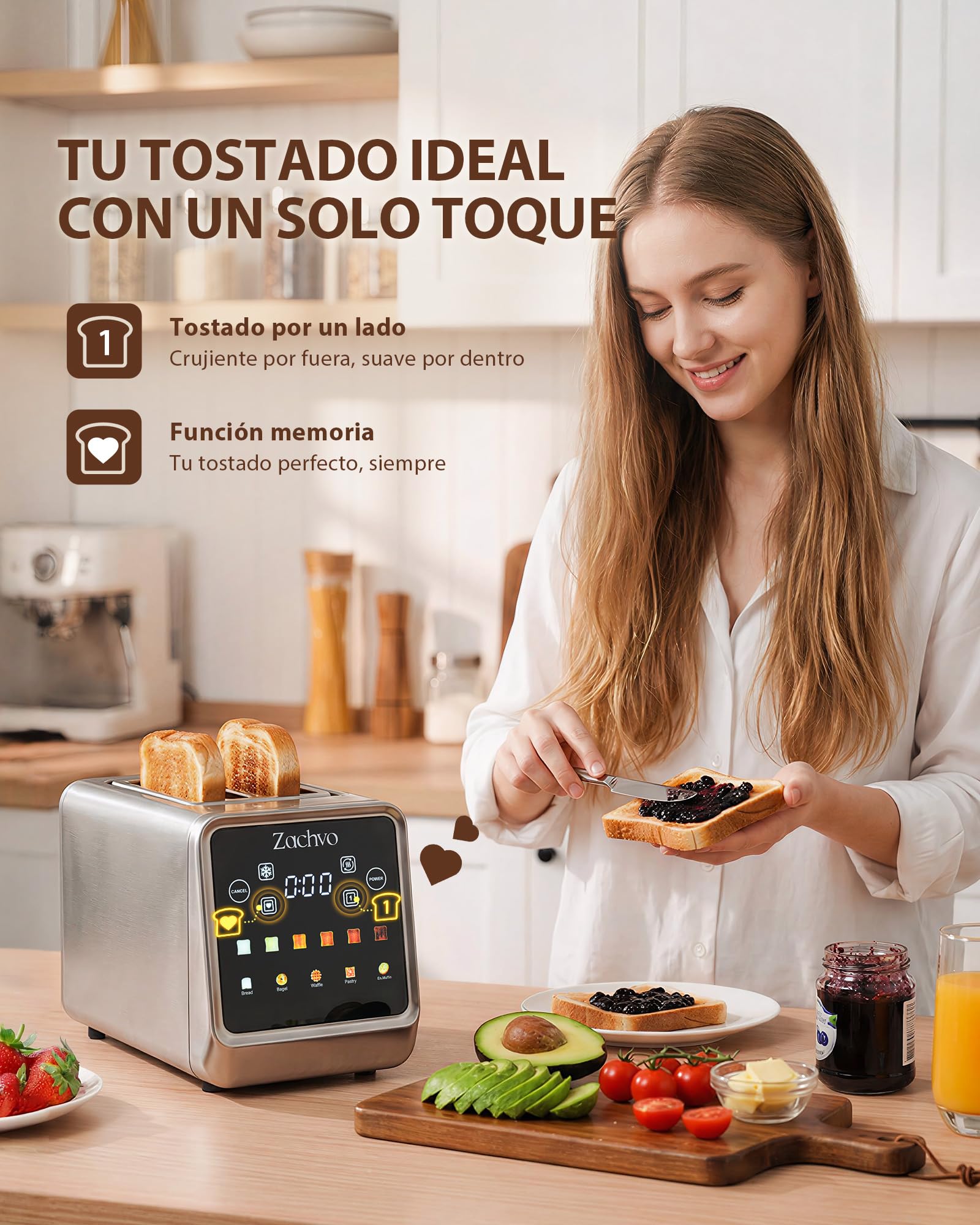 Tostadora de 2 Rebanadas de Acero Inoxidable con Pantalla Táctil Grande, Cuenta Atrás LED y Memoria, Modos Una Rebanada y Bagel, Pinza para Sándwich, Calientapanecillos