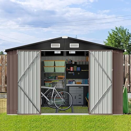 Aoxun 9.4x7.3x6.5 FT Outdoor Metal Storage Shed with Lockable Door- Ideal for Tools, Garden Equipment & Bikes, Includes Base, Perfect for Patio Placement