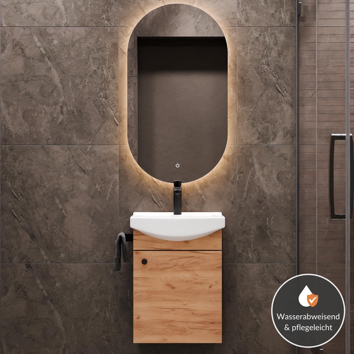 Planetmöbel Badmöbel Set Waschtisch mit Unterschrank 45 x 60 x 33 cm, Spiegel mit Beleuchtung 50 x 90 cm für Badezimmer, Gäste WC & Bad, Gold Eiche