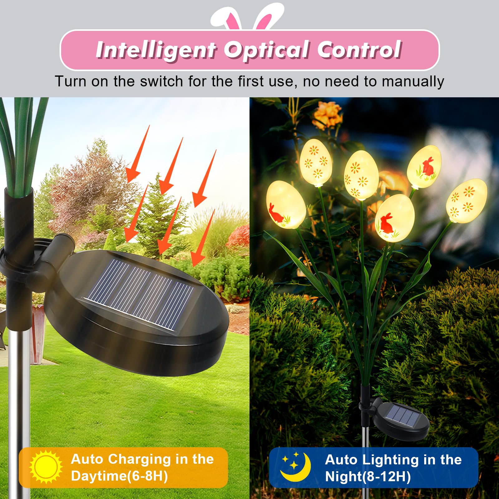 Easter Decoration Solar Lights for Outdoor Garden 2 Pack 12LED Easter Eggs with Rabbit Pattern - Image 3