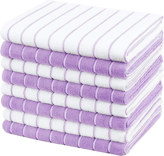gryeer Microfibre Tea Towels - Pack of 8 (Stripe Designed Purple and White Colours) - Soft, Super Absorbent and Lint Free Kitchen Towels, 45 x 65 cm