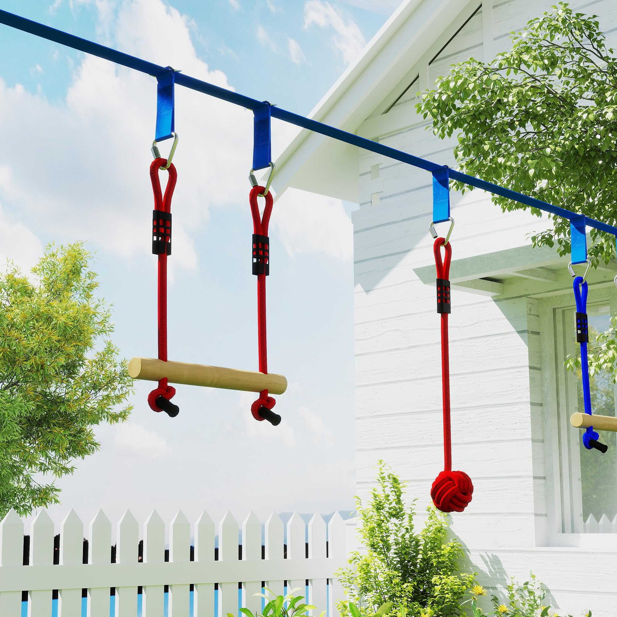 AIYAPLAY Ninja Line Kinder 10m Slackline Set mit Turnringe, Schaukel, Kletterleiter, Baumschutz, Kletterstangen, Hängetablett Outdoor Spielset Ausrüstung für 3-6 Jahre Kinder Blau+Rot