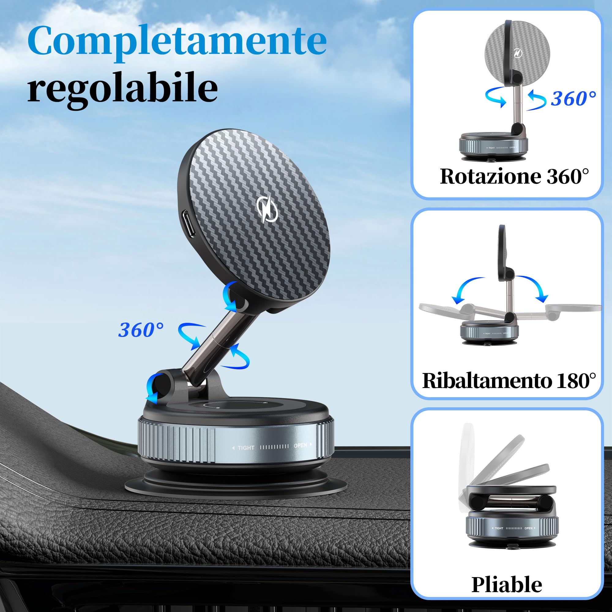 PlusAcc Supporto per cellulare per auto con funzione di ricarica – Ventosa girevole a 360° pieghevole magnetico per Magsafe iPhone 17/16/15/14/13/12 Samsung S20-S25 su parabrezza/cruscotto