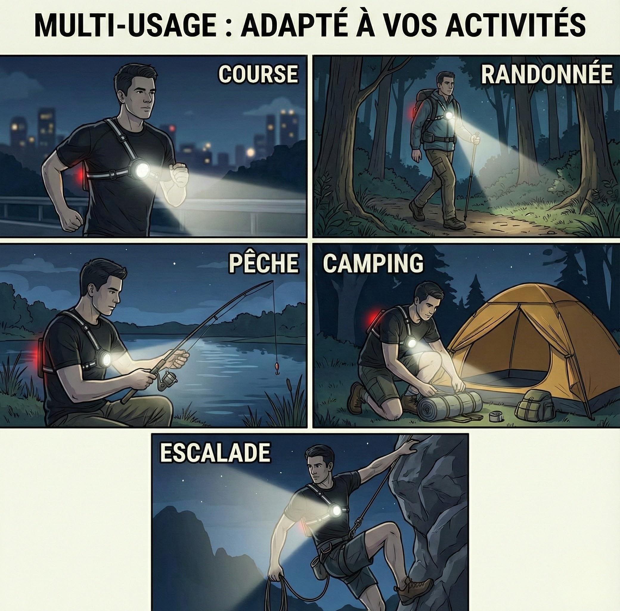 Lampe Pectorale Running Rechargeable USB-C – Lampe Course à Pied avec 7 LED Blanches Avant & 8 LED Rouges Arrière, 3 Modes d’Éclairage, IPX4 Étanche, Autonomie Longue Durée – Homme & Femme