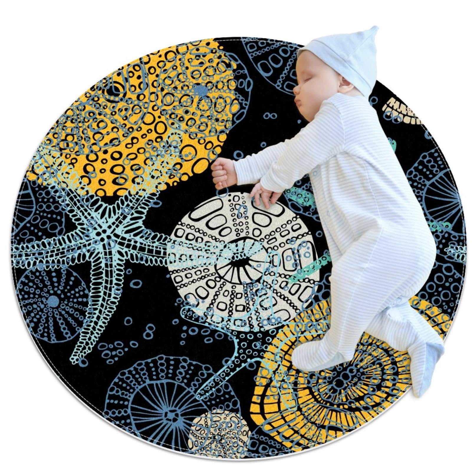 Tapis de salle de bain rond 1m motif étoile de mer et coquillage antidérapant