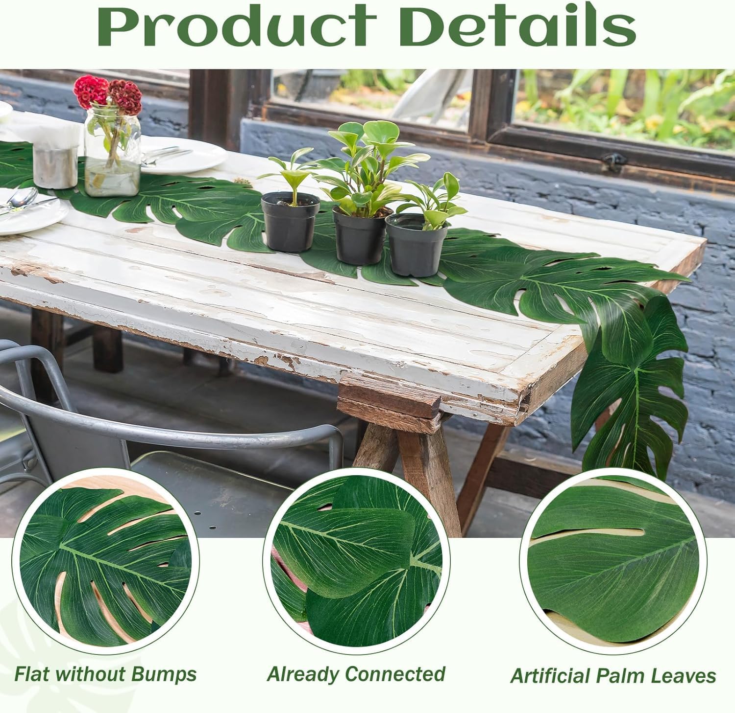 Sztuczny bieżnik na stół Monstera 28 x 178 cm, zielony bieżnik ze sztucznym liściem palmy, dekoracja hawajska, na imprezę na plaży, imprezę tematyczną, urodziny