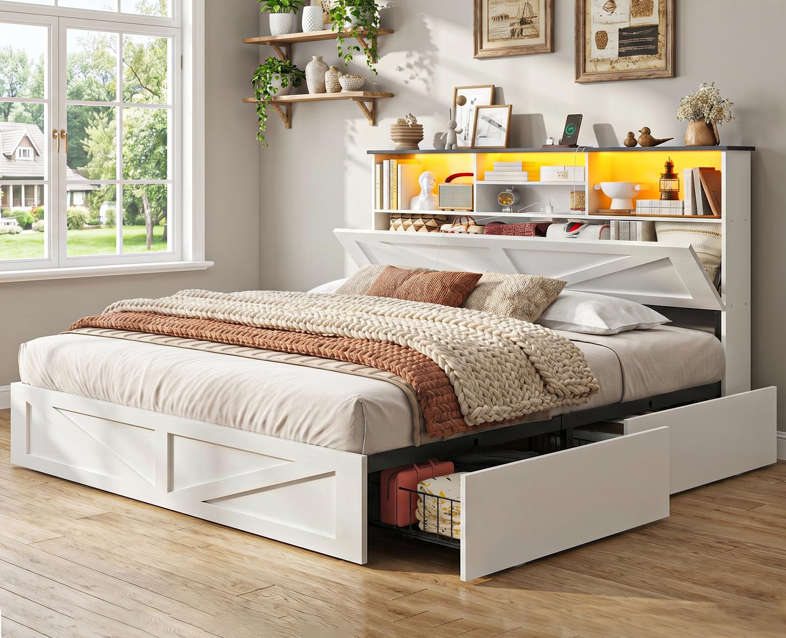 AOGLLATI Queen Bed Frame with Storage Bookcase Headboard and 4 Drawers