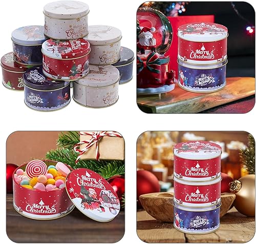 Miniatura 8 de DOITOOL Latas de galletas de Navidad con tapas, pequeña caja de metal para dulces, mini cajas de dulces de hojalata para regalar recuerdos de fiesta
