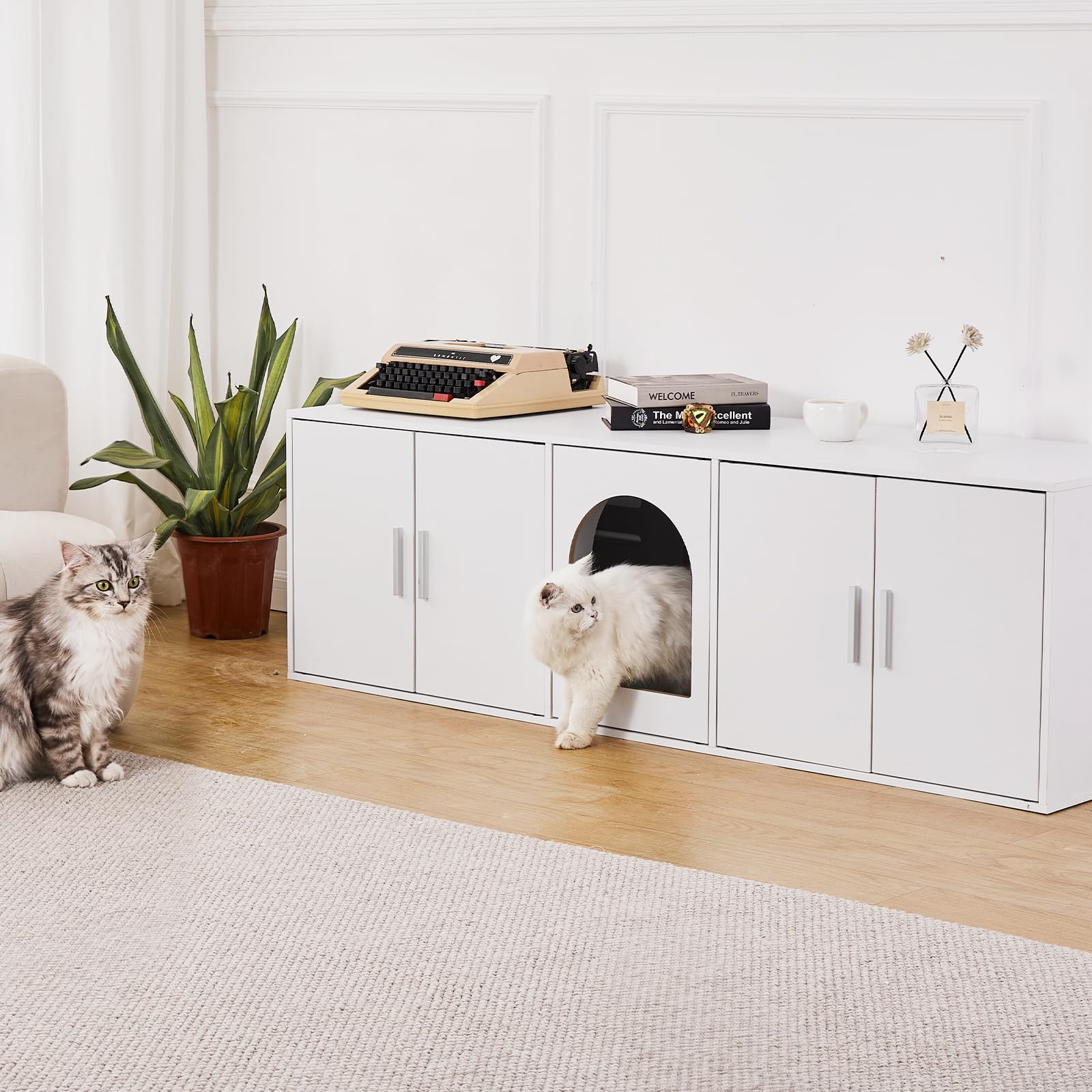 VEVOR Muebles de Baño Oculto para Gatos 1,47 x 0,46 x 0,45 m Casa de Inodoro Con Puertas Decoradas de Ratán Armario de Madera para Ocultar Las Cajas de Arena, Blanco