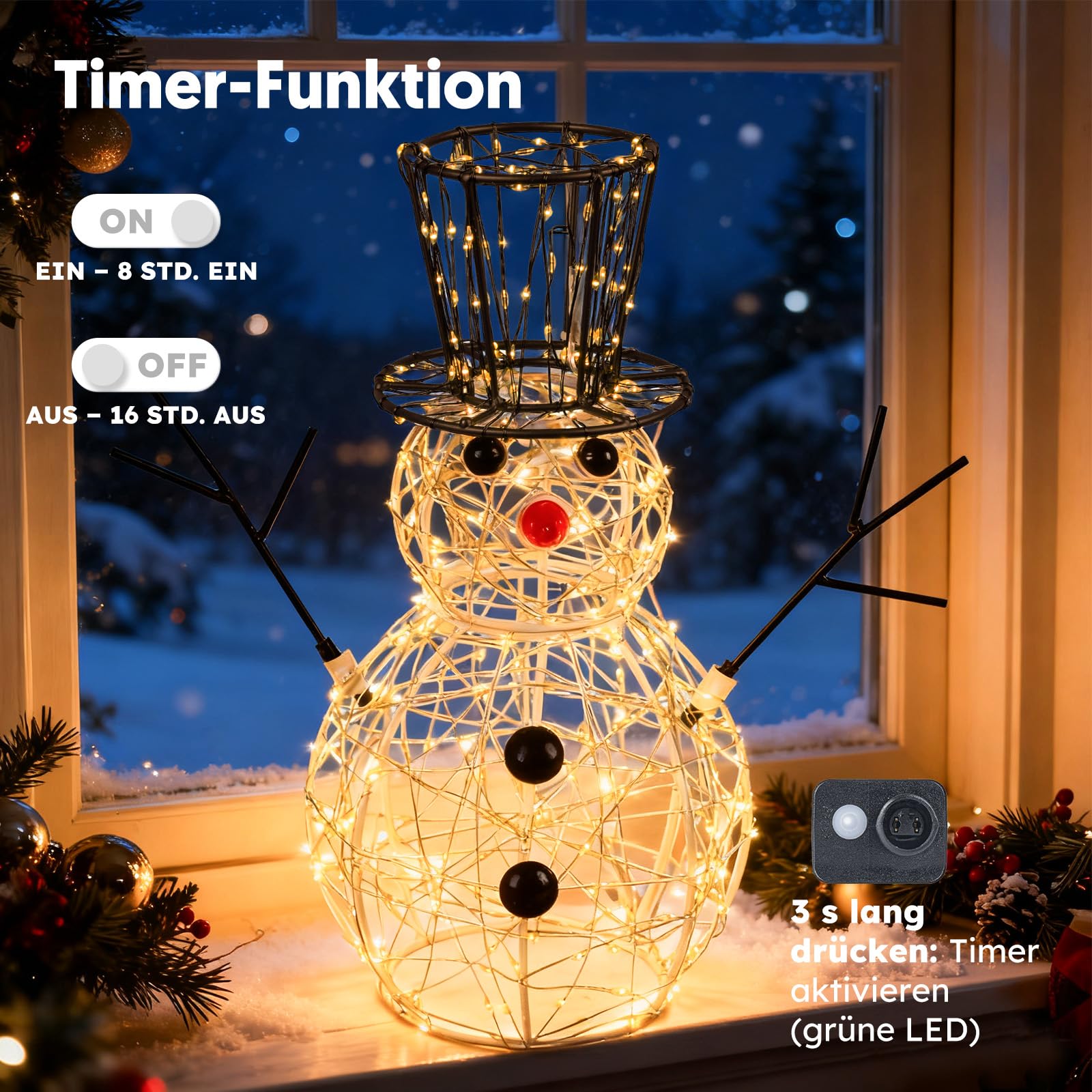 LEDYA Weihnachts-Schneemann Lichterdeko, 400 LEDs Warmweiß, 30,5 cm Weihnachtsdeko für Innen/Außen mit Timer, netzbetrieben, 2 Lichtmodi Blinken & Dauerlicht, ideal für Schlafzimmer, Garten, Party