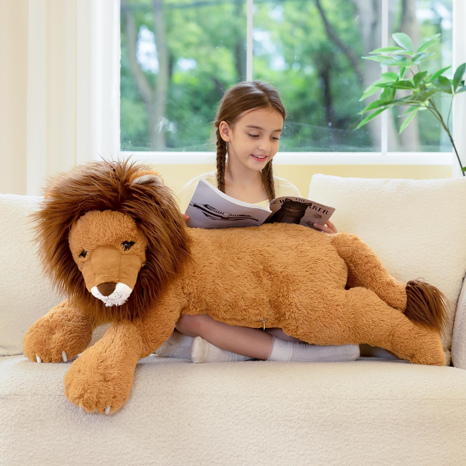 KERTA 43.3inch Giant Lion Stuffed Animals, Realistic Large Stuffed Lion Plush Toy for Boys Girls, Hugging Soft Lion Plushi Body Pillow Birthday Decor for Adult 3