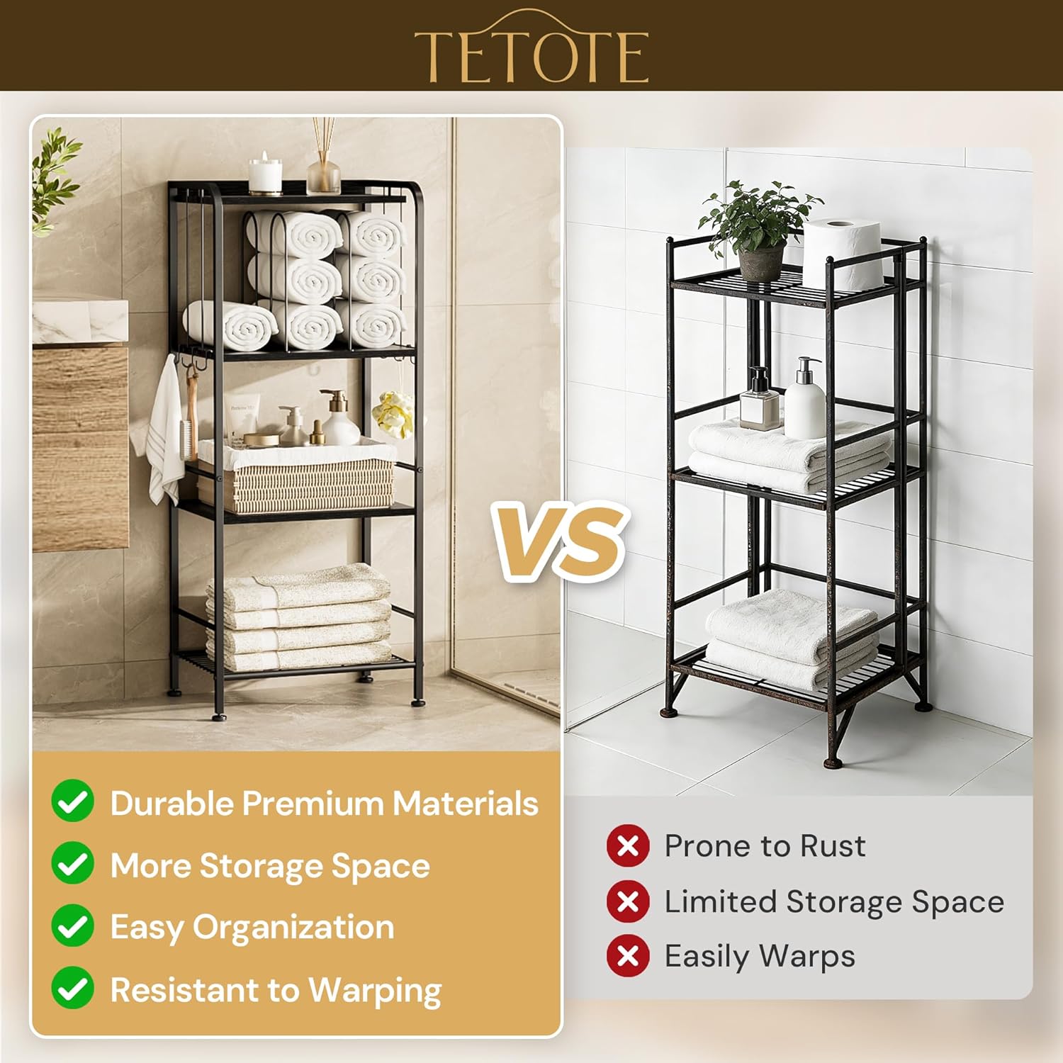TETOTE 4-Tier Towel Rack for Bathroom M-Shaped Detachable Dividers & Hooks, Free Standing Towel Holder Bathroom Towel Storage Organizer for Pool, Kitchen, Laundry, Black