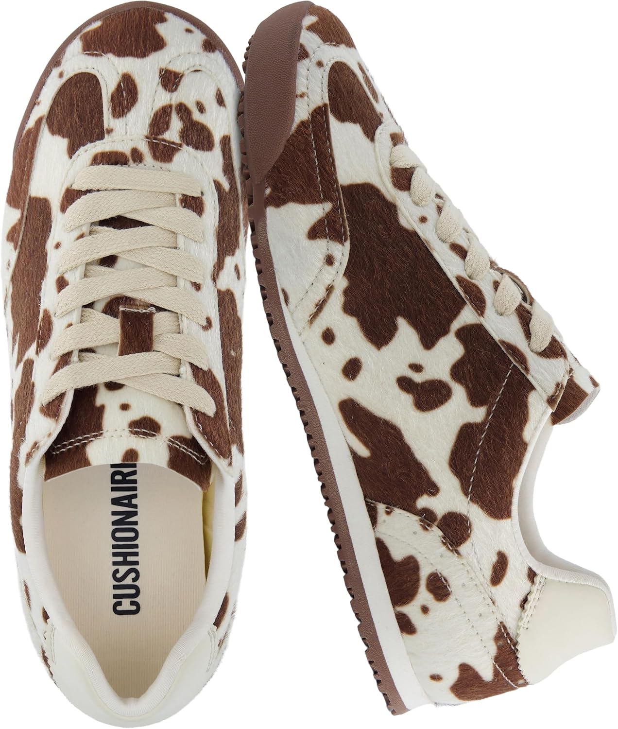 CUSHIONAIRE Techno Women’s Vegan Cow Print Calf-Hair Lace-Up Sneakers with Memory Foam Comfort