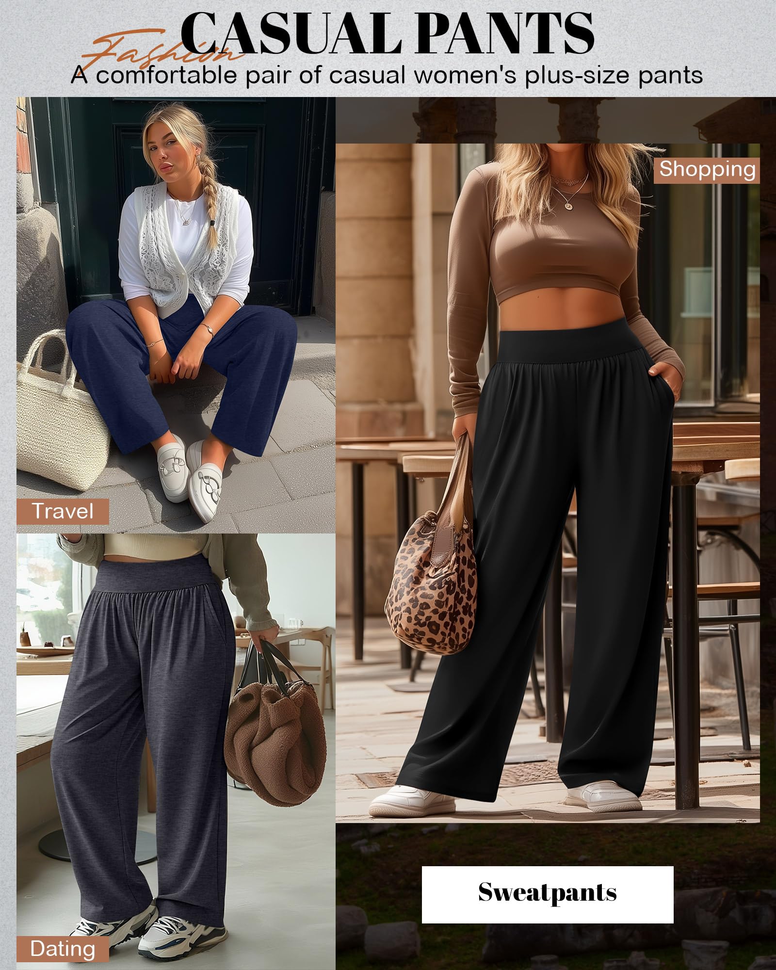 Neer Lot de 3 pantalons de yoga à jambes larges pour femme - Taille haute - Pantalon de survêtement Palazzo avec poches