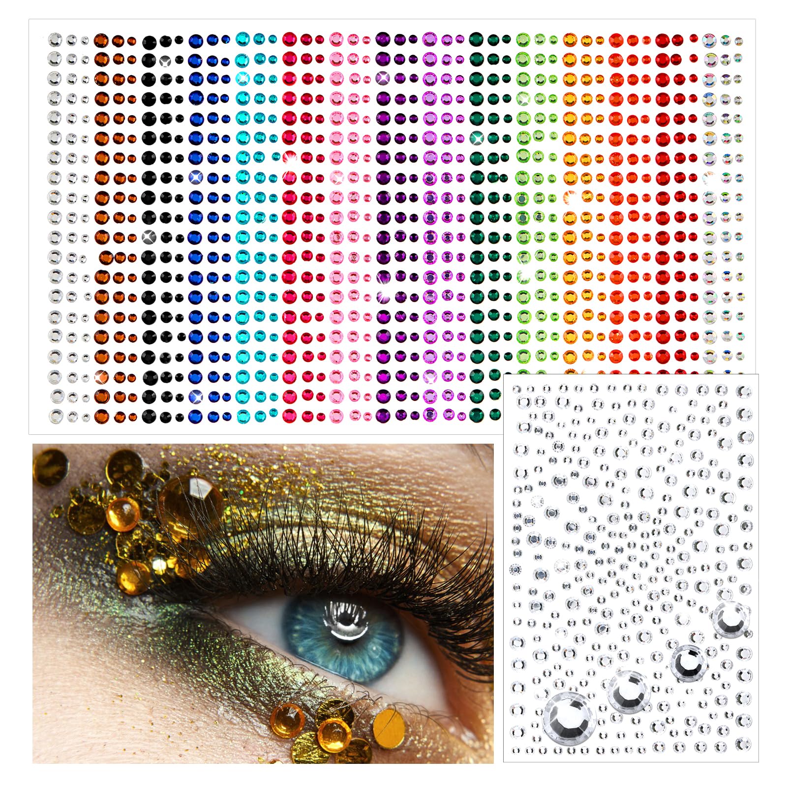 Amabro 1250 PCS Colorful Face Gems Stickers, 15 Colors Self Adhesive Face Jewels Stick on Rhinestone Stickers Crystal Makeup Gems for Women Festival Accessory Nail Art Decorations