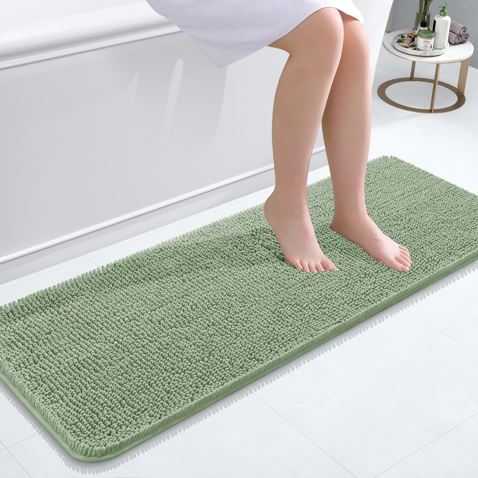 OLANLY Bathroom Runner Rugs 47x17, Extra Soft Absorbent Chenille Bath Rugs | Sage Green, Quick-Drying Rubber Backing, Washable Long Bath Mat for Bathroom Floor, Tub and Shower, Home Decor Accessories