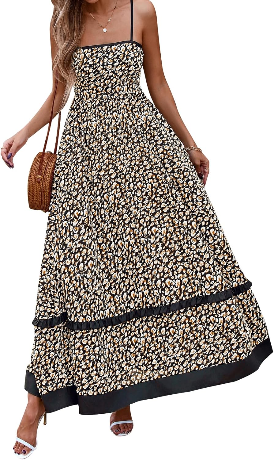 PRETTYGARDEN Summer Spaghetti Strap Dresses for Women 2026 Flowy Sundresses Casual Boho Sleeveless Beach Maxi Long Dress