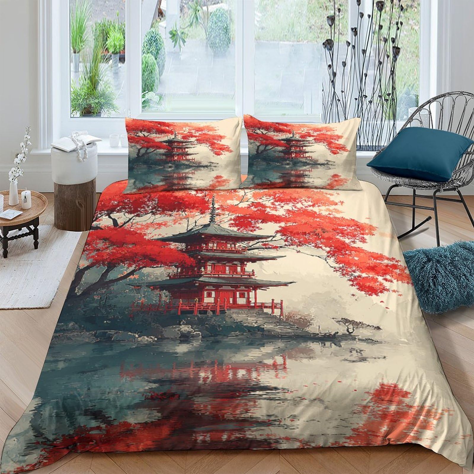 Ctjqhvkz Style-9 3D Printed Japanese Pagoda Fitted Sheet Microfiber Red Tree Bed Cover For Bedroom Guest Room Mattress Decor Single（135X200cm）