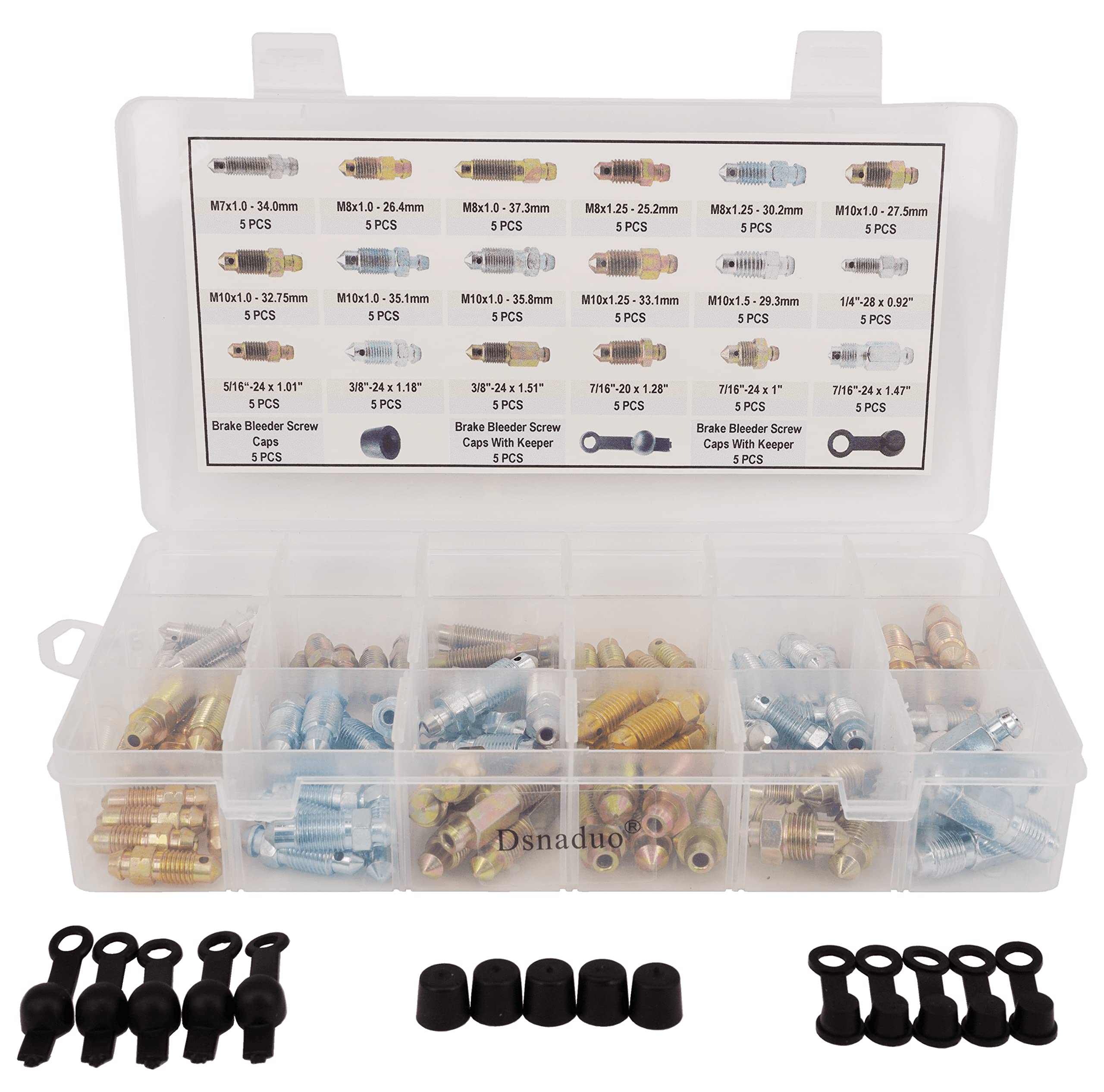 Dsnaduo 90 PCS 18 Types Brake Caliper & Wheel Cylinder Bleeder Screw Brake Valve Screw Assortment with 15pcs Dust Caps, Standard SAE & Metric Bleeding Screws Bleed Kit Replace 30300