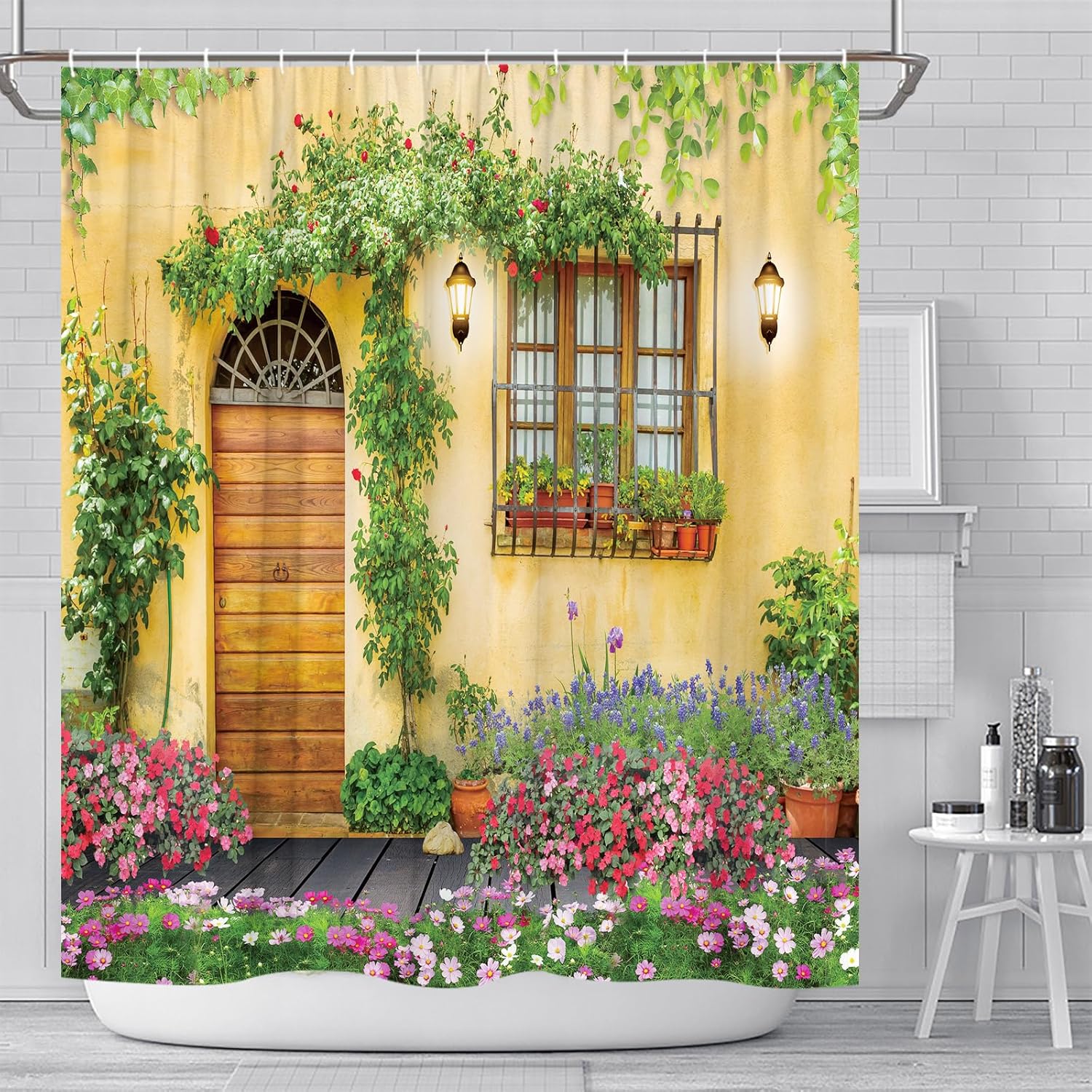 Spring Garden Landscape Shower Curtains House Door Window Courtyard Colorful Flower Vine Green Leaf Nature Scenery Pattern Bathroom Decor Polyester Fabric Curtain Set 90 x 70 Inch with Hooks
