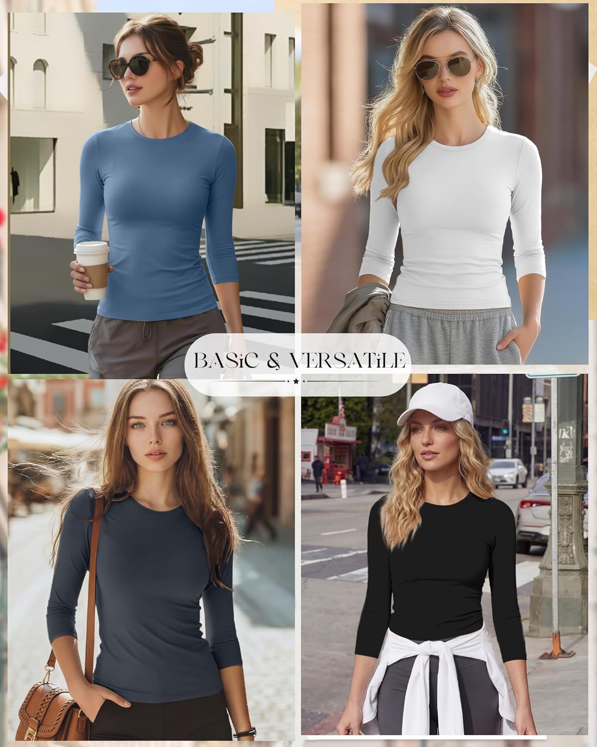 Neer 4 Pack Women's Workout Shirts 3/4 Sleeve Slim Fit Compression Tops Athletic Crewneck Gym Running Yoga Basic T-Shirt