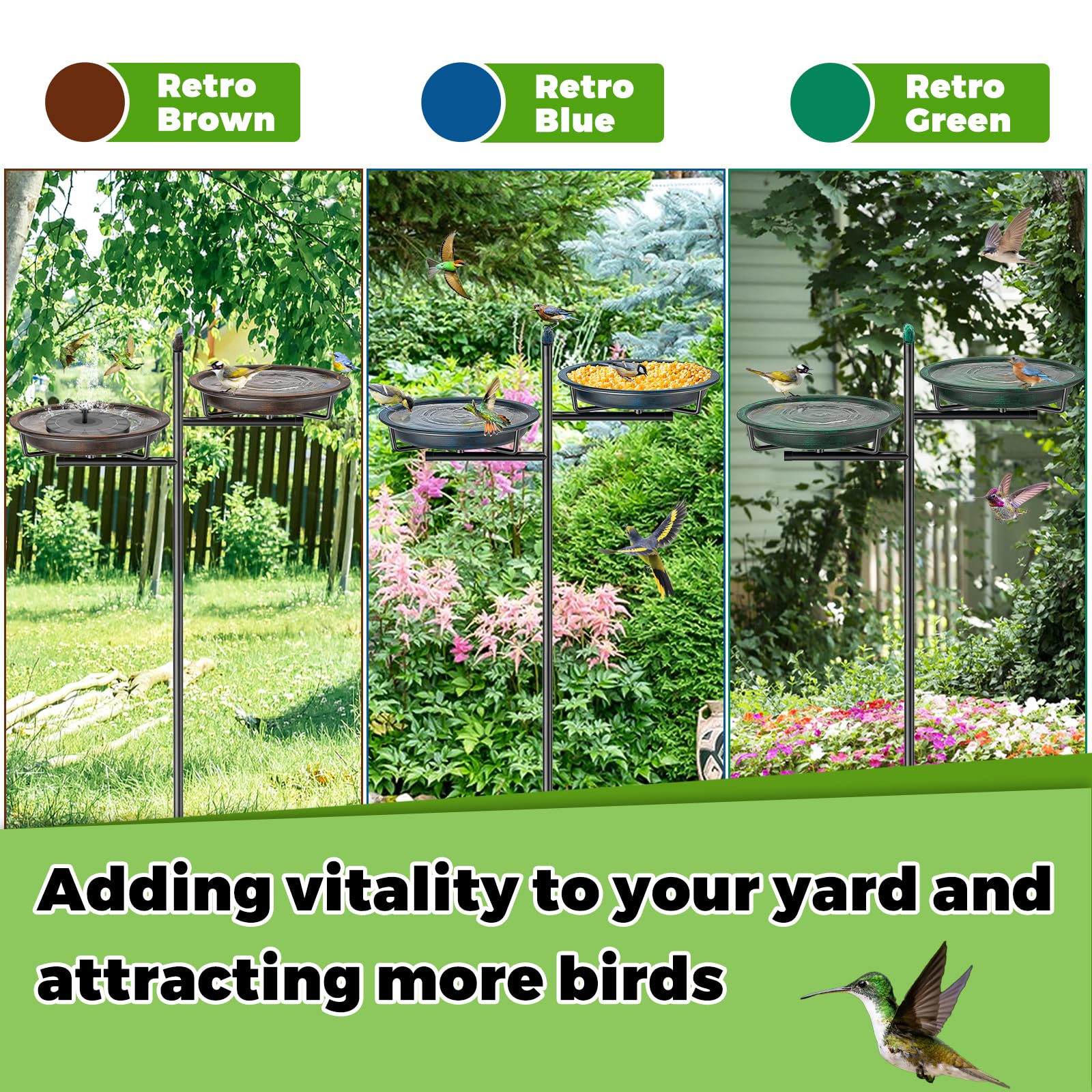 Vogeltränke Vogelbad Schale Stehend, 2-in-1 Vogelbad für Draußen Garten mit Doppelbecken für Wasser und Futter, Metall Vögel Vogelbecken für Gartendeko (Altgrün)
