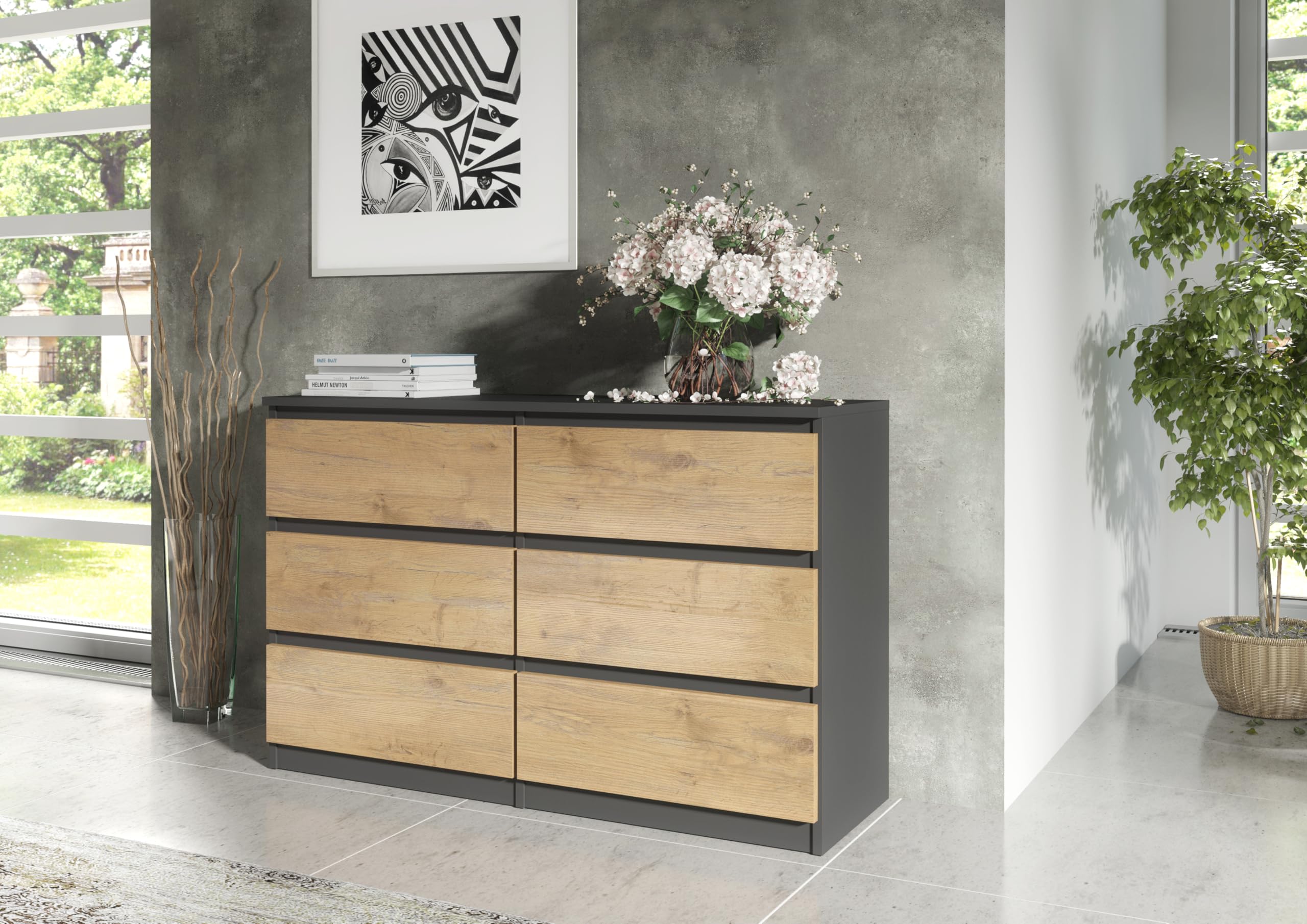 meble masztalerz Komoda Antracyt/Lancelot 120 cm Matowa z 6 szufladami - 120x78,5x39 cm - Komoda do salonu, sypialni - Szafka z szufladami - Komoda z szufladami | Szafa komodowa 120 x 78, 5 x 39 cm, nowoczesna szafa z szufladami, kredens do salonu, przedp
