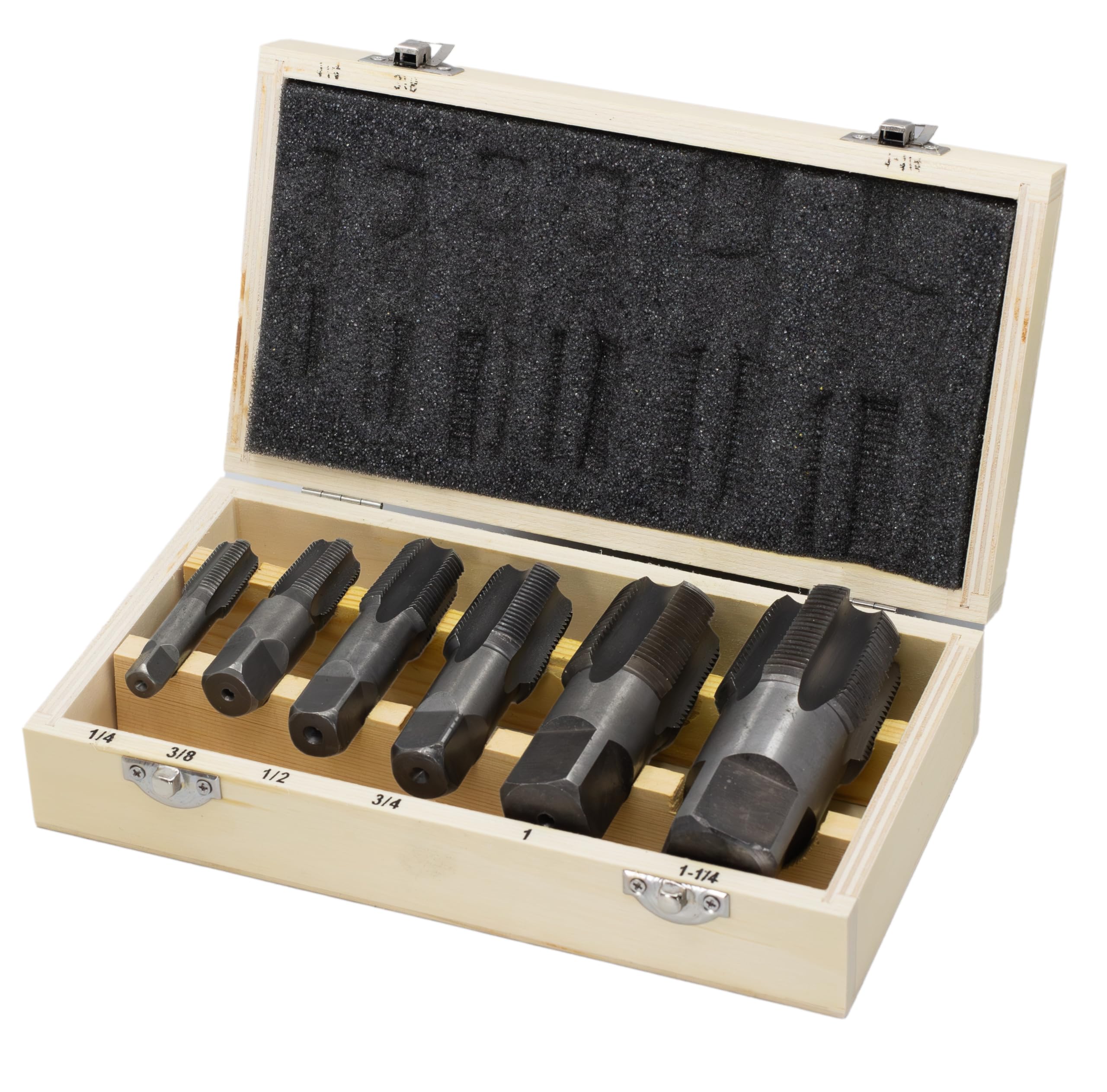 Drill America DWTPT1/4-1-1/4SET 6 Piece NPT Pipe Tap Set in Wooden Case (1/4 ", 3/8 ", 1/2 ", 3/4 ", 1" and 1-1/4 "), Carbon Steel, DWT Series, Uncoated (Bright), Small