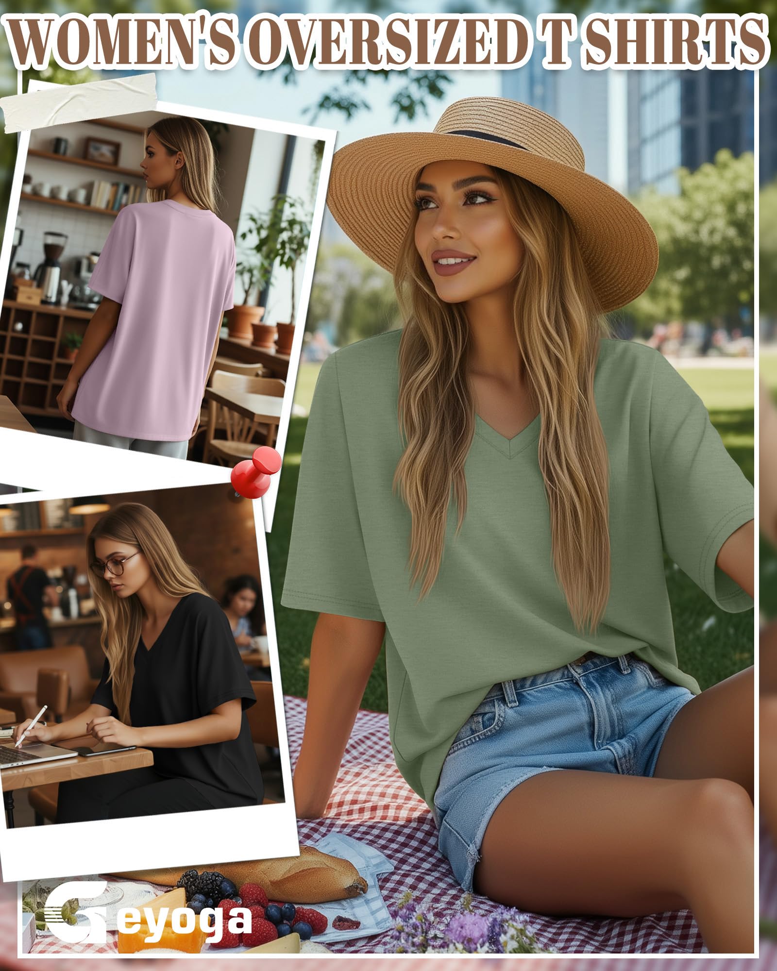 Geyoga Lot de 3 T-Shirts Oversize en Coton pour Femme Col V Coupe Ample Tops à Manches Courtes Doux pour Le Sport