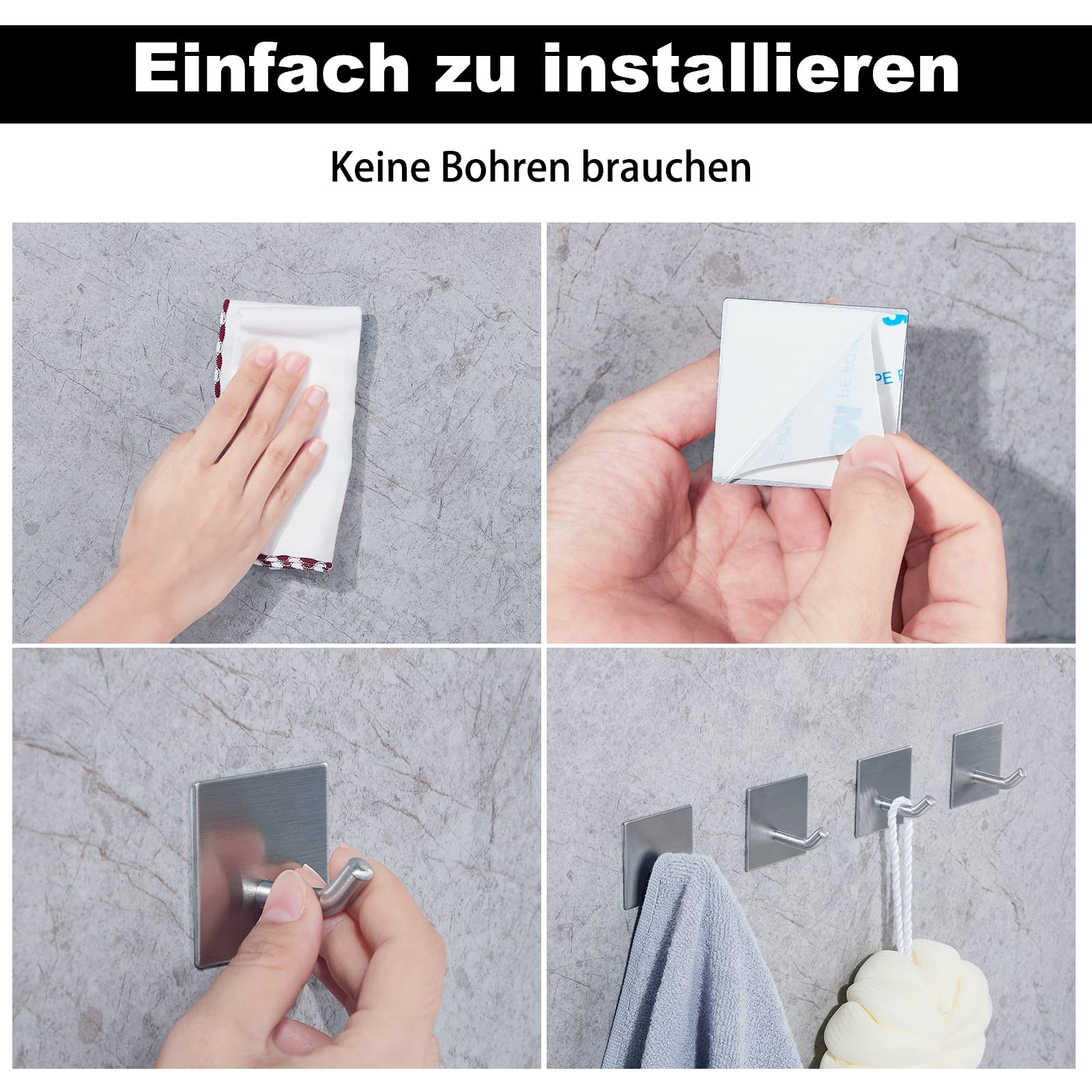 FOMANSH Selbstklebender Haken, Handtuchhaken ohne Bohren, starker rostfreier Edelstahl Wandhaken, Halter am Wand, Aufbewahrung für z.B. Schlüssel Handtuch Kleid, für Bad Toilette Küche Büro, 4 Packs