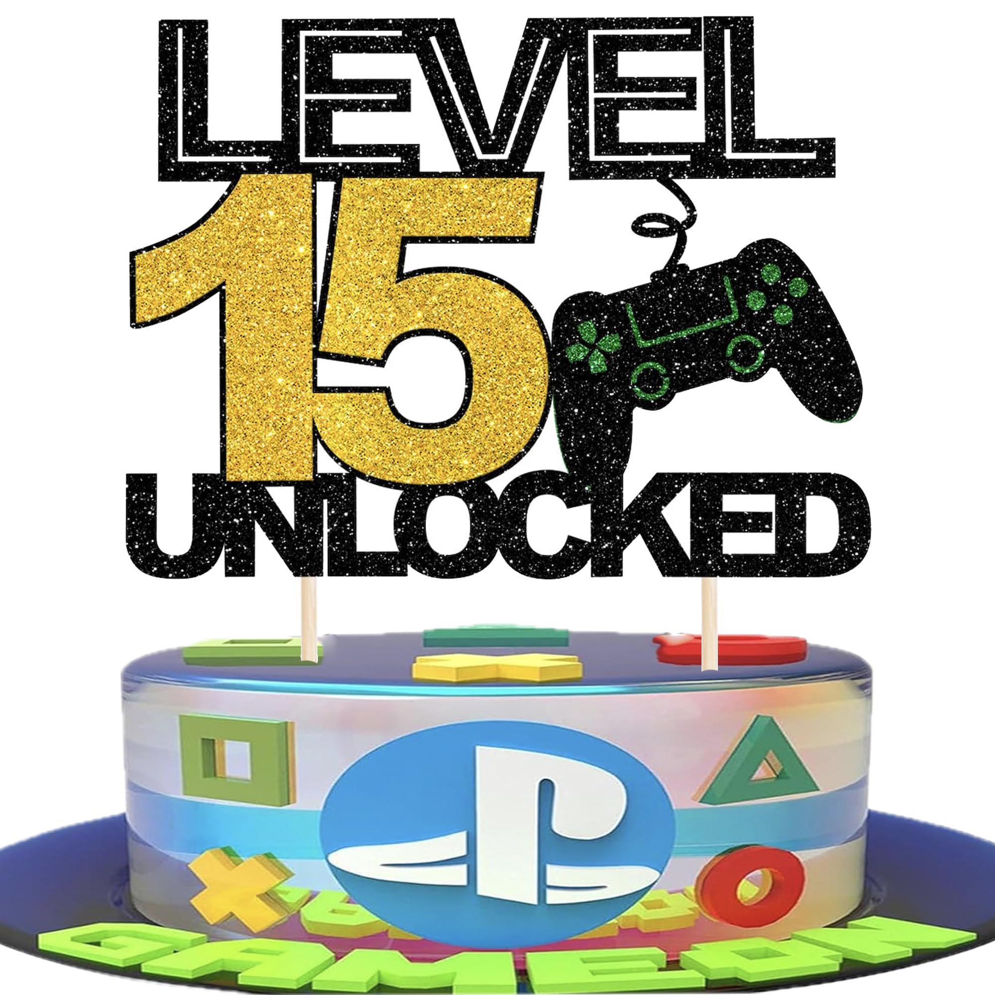 1 Stück 15 Videospiel Tortendeko Glitzer Gaming Level Unlocked 15th Geburtstag Kuchen Deko Spielkonsolen Cake Topper für Jungen Mädchen Spielkonsole Theme Geburtstag Party Kuchen Dekorationen