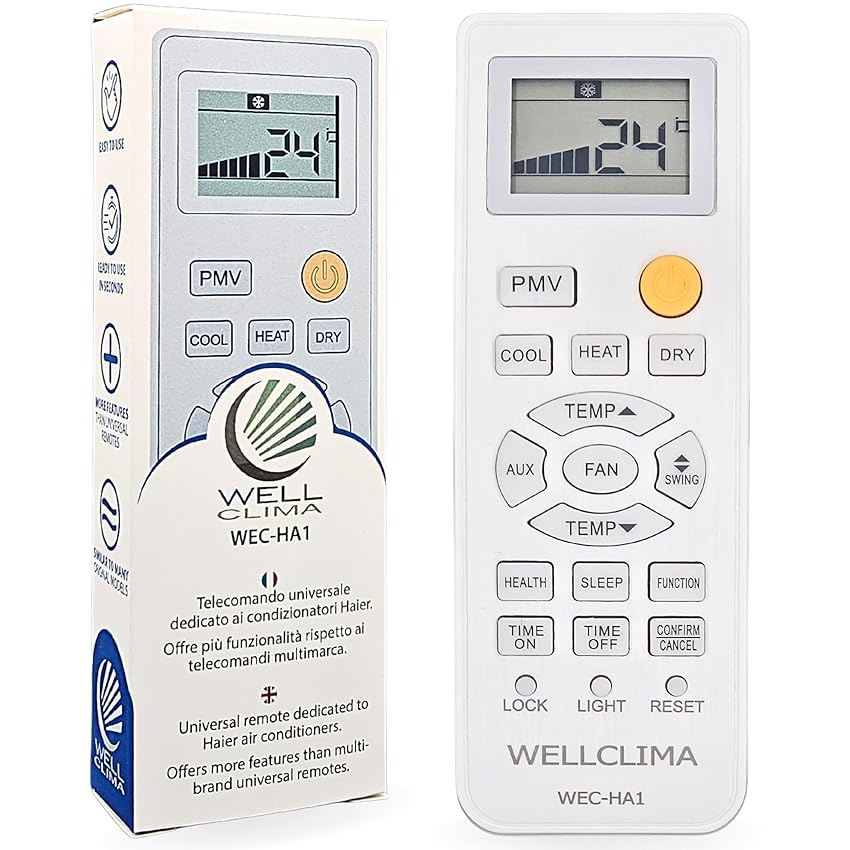 Wellclima WEC-HA1 Telecomando Condizionatori per Haier, per HEC, per Candy, più completo degli universali, pronto all’uso con Funzioni Speciali, per Climatizzatori, Inverter e Pompa di Calore