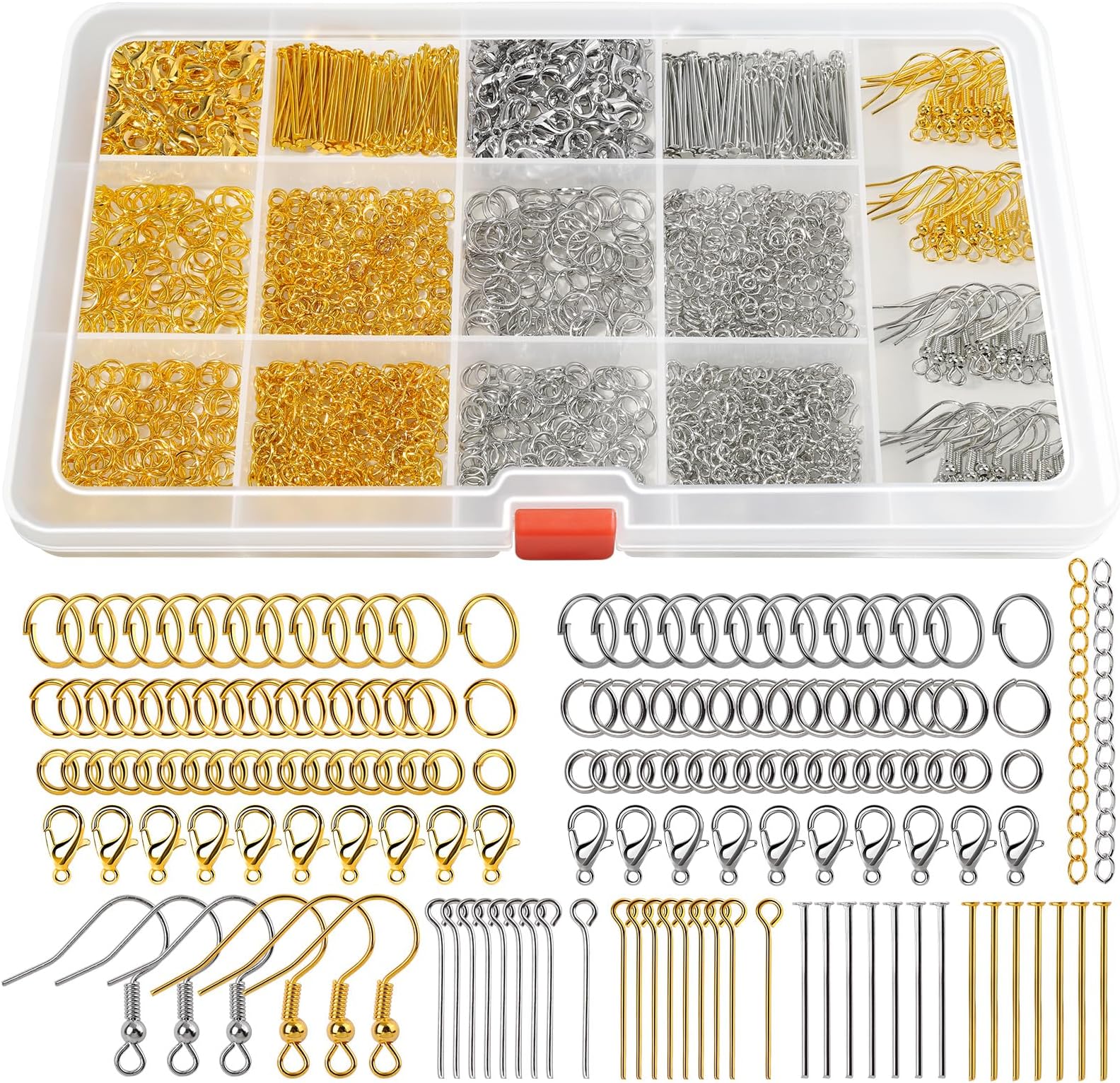 LEOBRO 1200PCS Jewelry Making Supplies, Jewelry Findings, with Jump Rings for Jewelry Making, Earring Hooks Earring Findings, Lobster Claw Clasps and Necklace Extenders