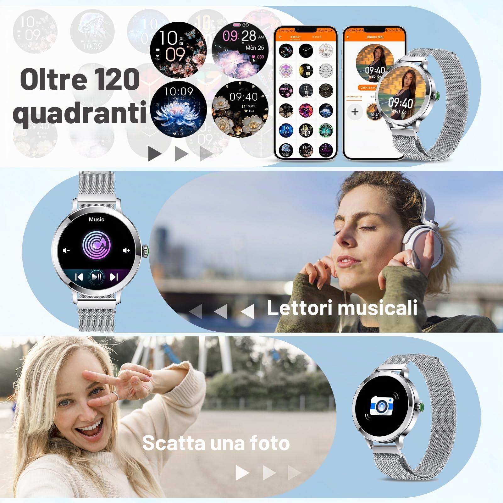 Efolen Smartwatch Donna Chiamate, 1.1" AMOLED Schermo Orologio Smartwatch con 110+ Sport, 24H Cardiofrequenzimetro/SpO2/Sonno, Orologi Sportivo IP68 Compatibile iOS Android Argenteo