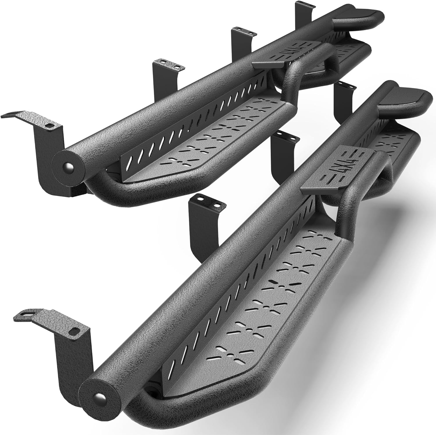 Running Boards Two Raised Step Compatible with Vehicle 2007-2021 Toyota Tundra Crew Max with 4 Full-Size Doors, Two Stairs Design Side Step, Carbon Steel Powder-Coated Black Nerf Bars