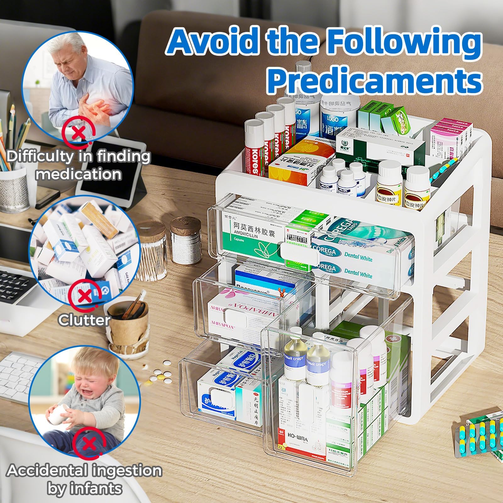 Scatola Medicinali 4 Livelli Organizer per Casa e Ufficio | ABS Trasparente, Per Casa e Dormitorio, Divisori Regolabili