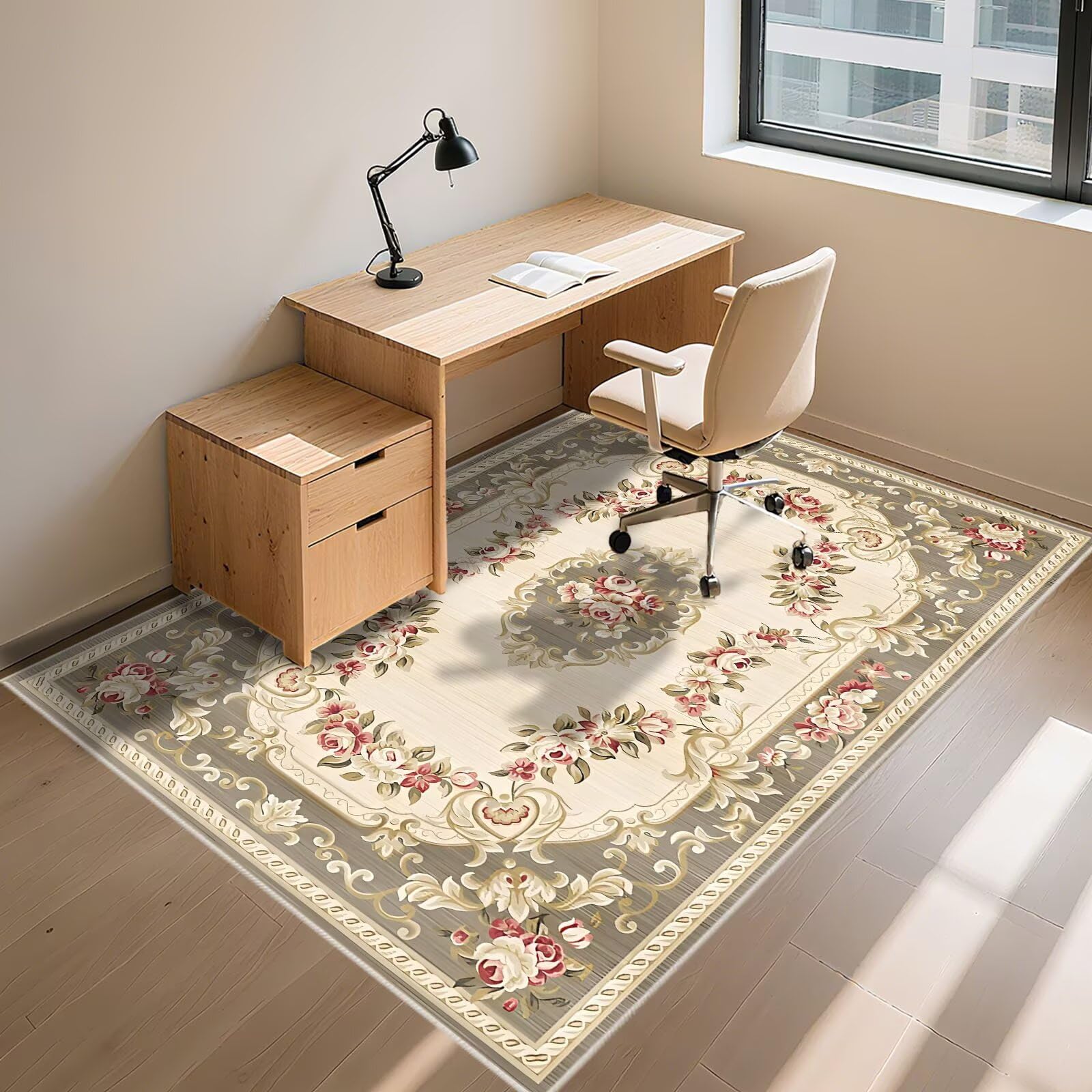 Anti Rutsch Teppich Bettvorleger Beige Grau 180x270cm, Weich Gross Moderne Blumenmuster für das Wohnzimmer am Bettrand