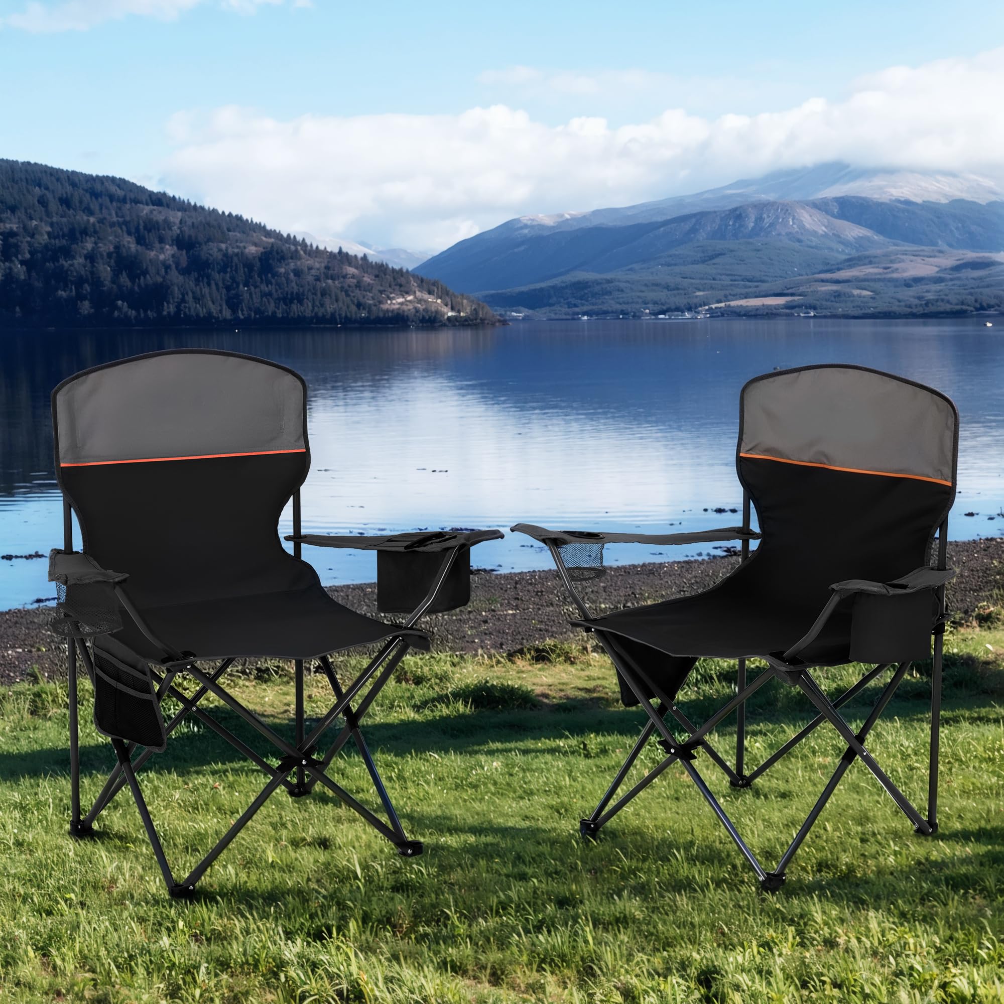 High Point Sports Sillas Plegables de Camping hasta 102 kg, Sillas Plegables con Soporte para Bebidas, Juego de 2 Silla Plegable con Reposabrazos Negro Silla de Camping Ultraligera